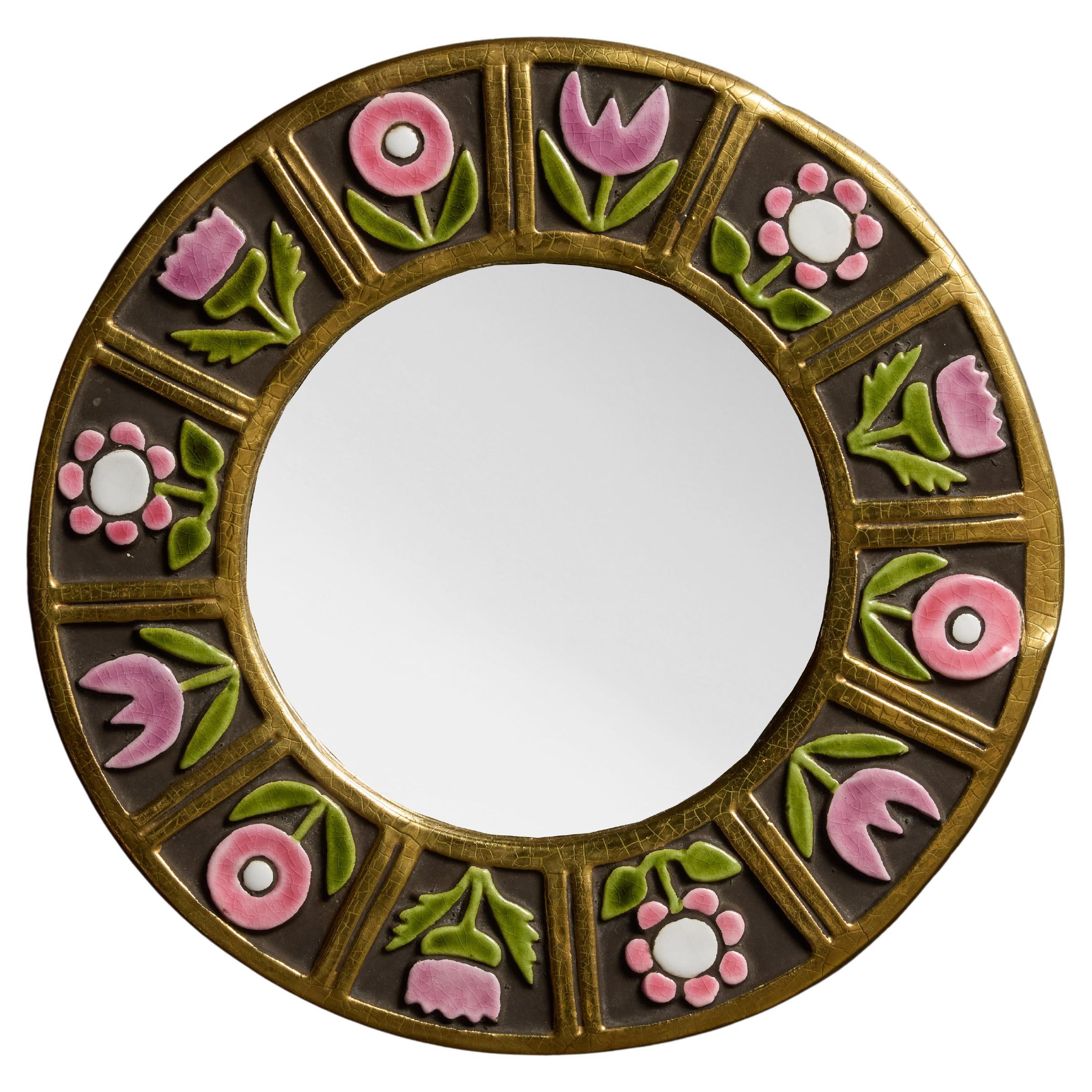 Round Mithe Espelt Ceramic Mirror with Flower Decors