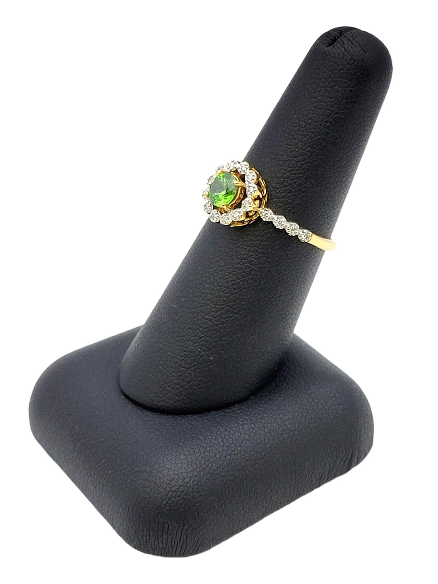 Round Mixed Cut Green Russian Garnet and Diamond Halo Ring 18 Karat Yellow Gold For Sale 2