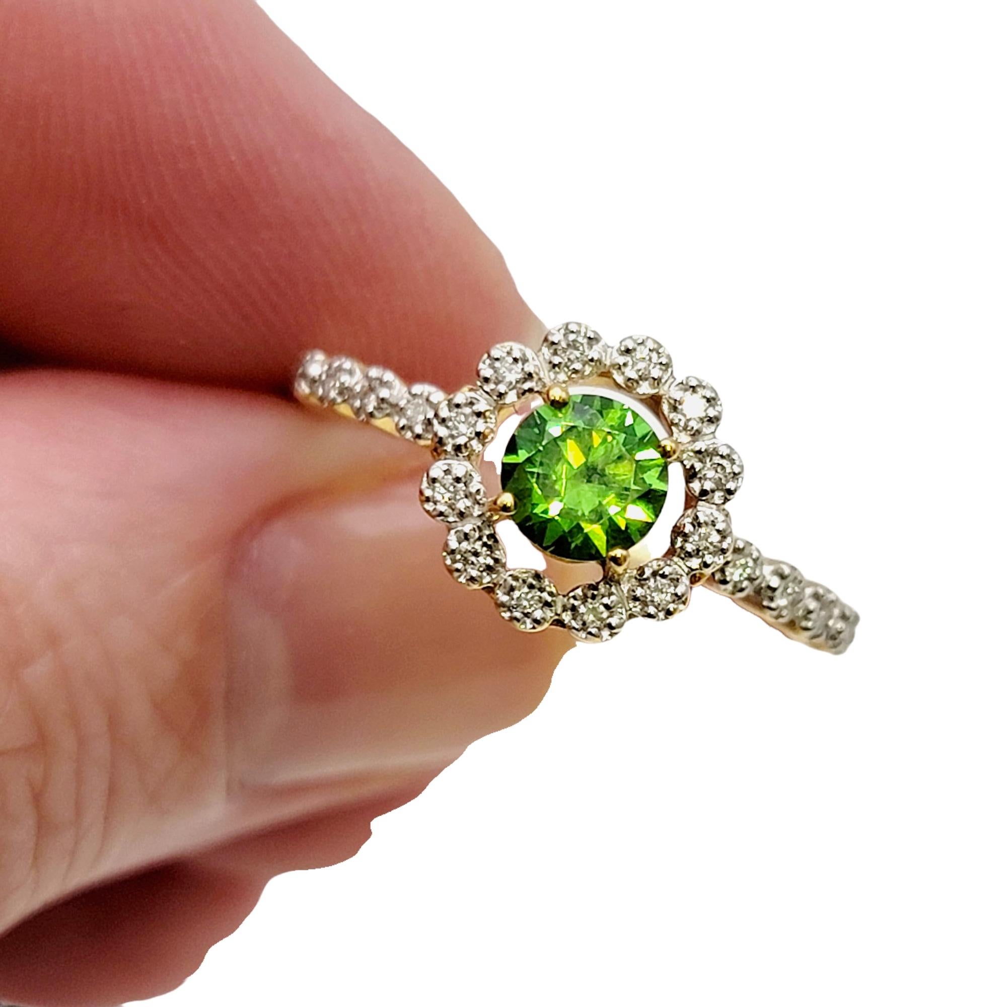 Round Mixed Cut Green Russian Garnet and Diamond Halo Ring 18 Karat Yellow Gold For Sale 3