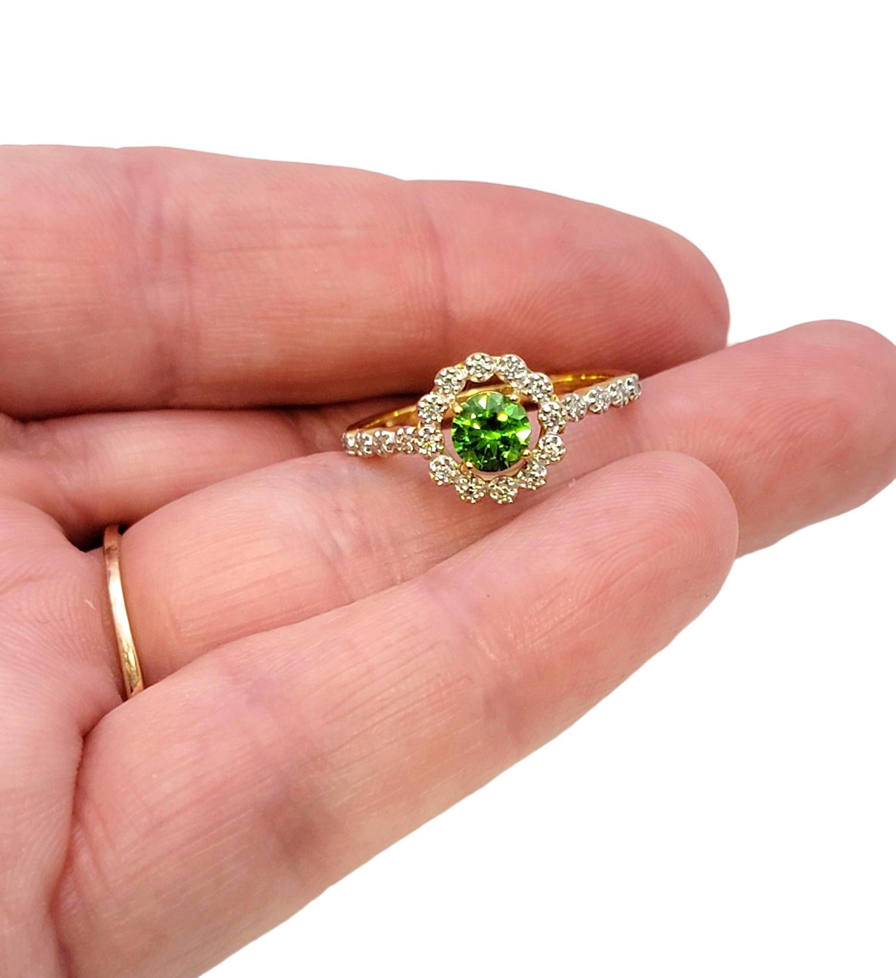 Round Mixed Cut Green Russian Garnet and Diamond Halo Ring 18 Karat Yellow Gold For Sale 4