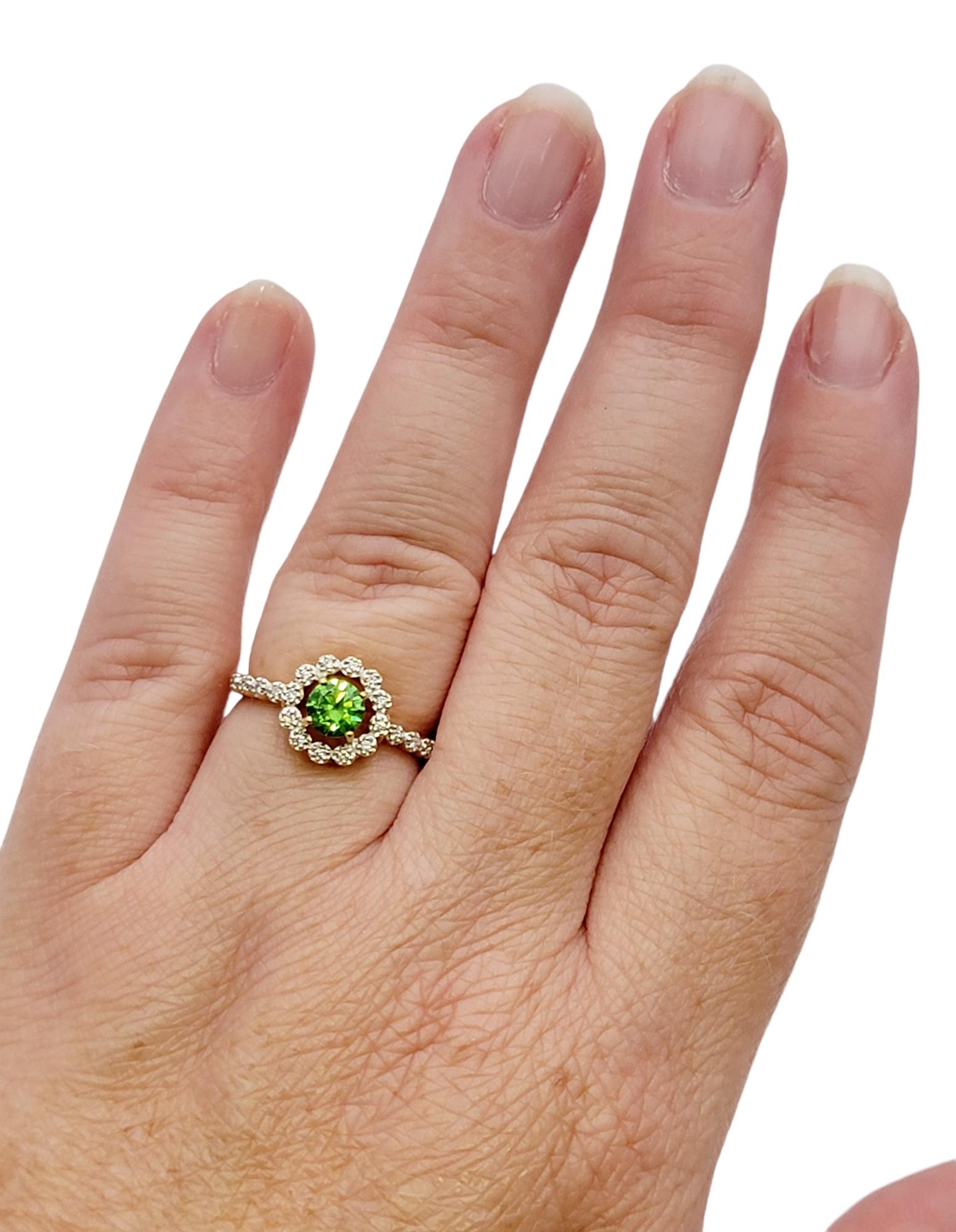 Round Mixed Cut Green Russian Garnet and Diamond Halo Ring 18 Karat Yellow Gold For Sale 5