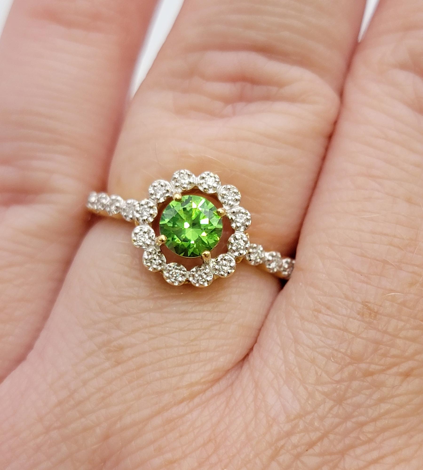 Round Mixed Cut Green Russian Garnet and Diamond Halo Ring 18 Karat Yellow Gold For Sale 6