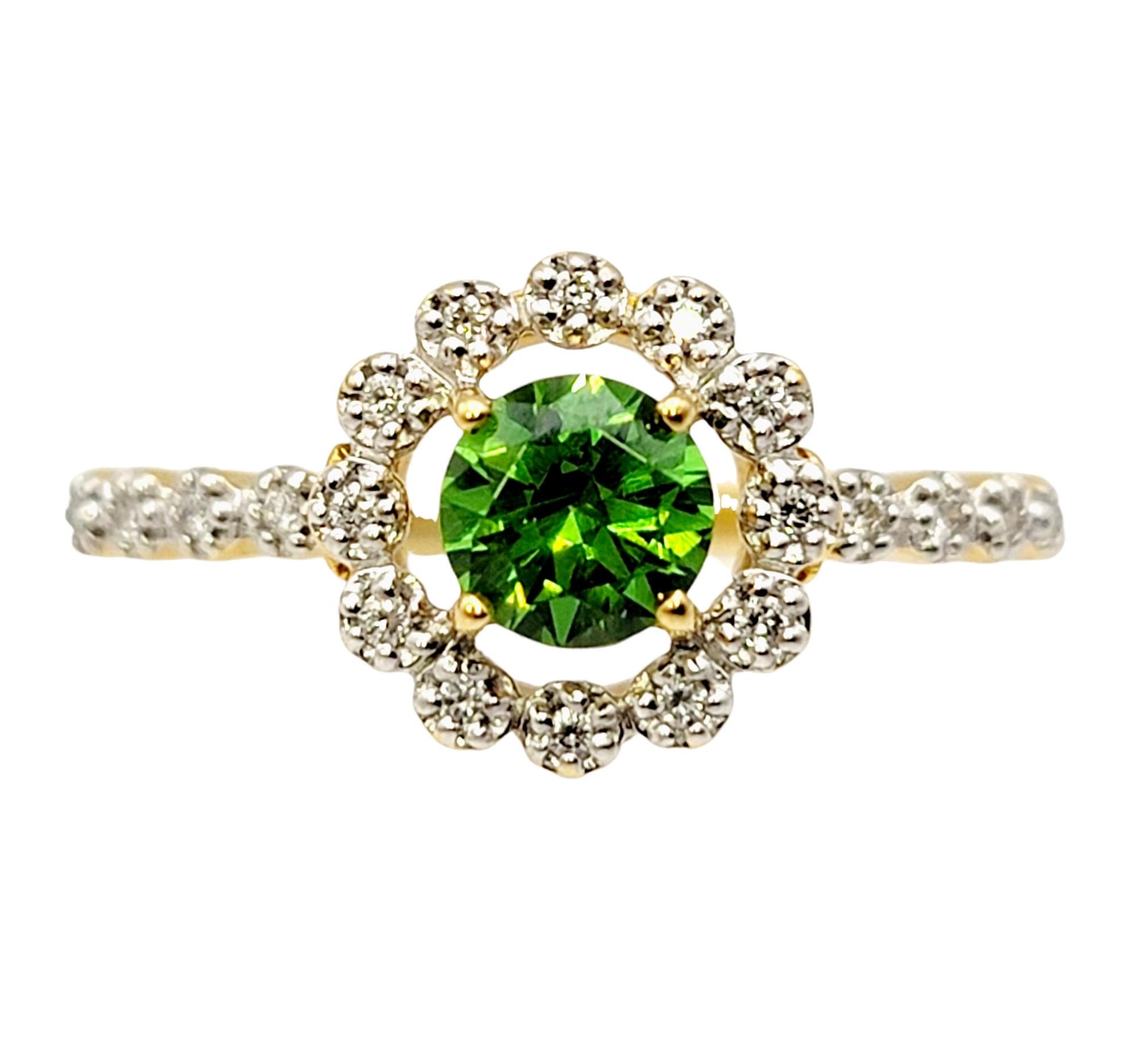 Ring size: 7

The stunning Russian Garnet ring with a dazzling diamond halo with absolutely light up the finger! The striking green center stone is paired with a glittering halo of icy white diamonds, allowing this ultra feminine piece to sparkle