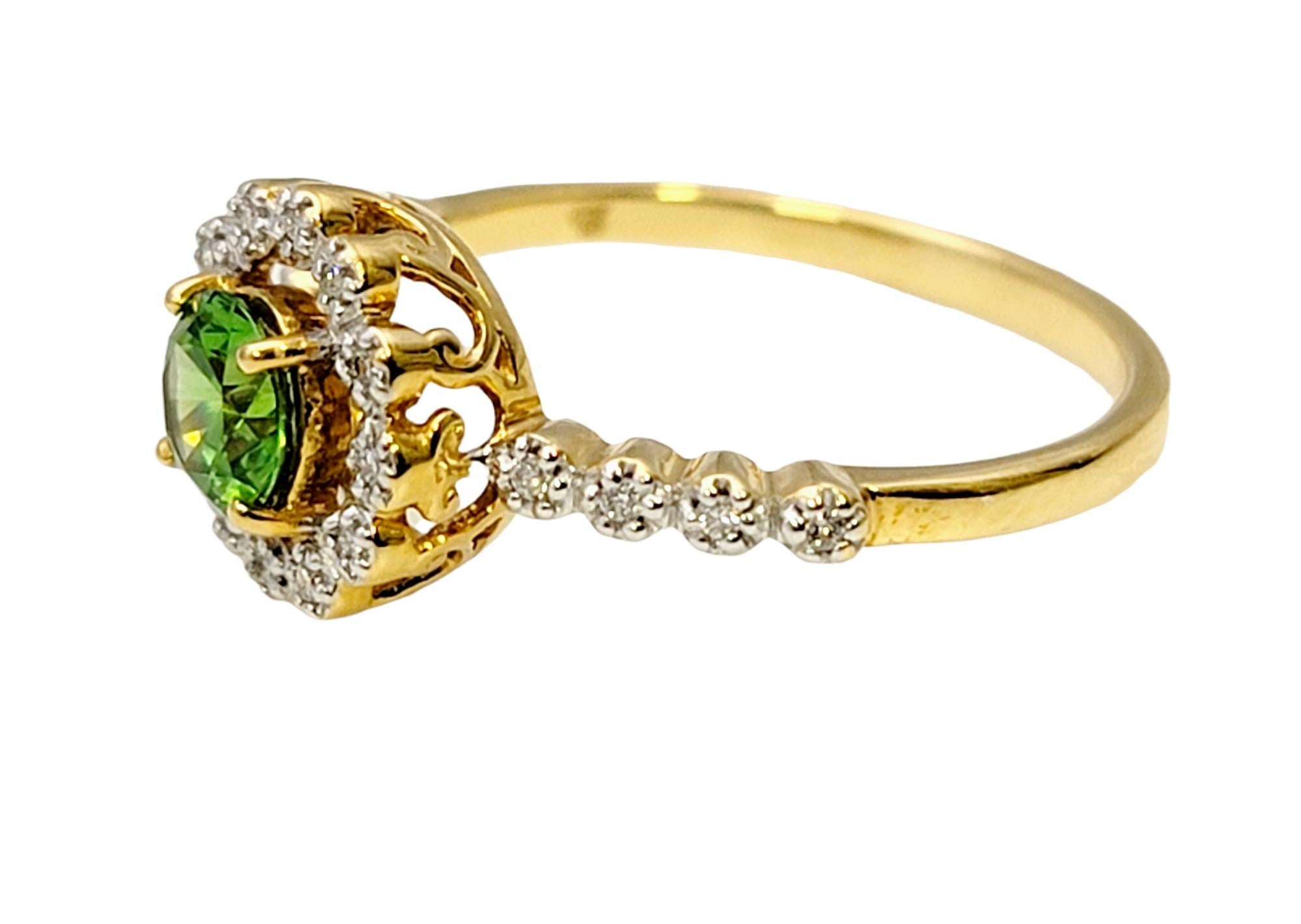 Contemporary Round Mixed Cut Green Russian Garnet and Diamond Halo Ring 18 Karat Yellow Gold For Sale