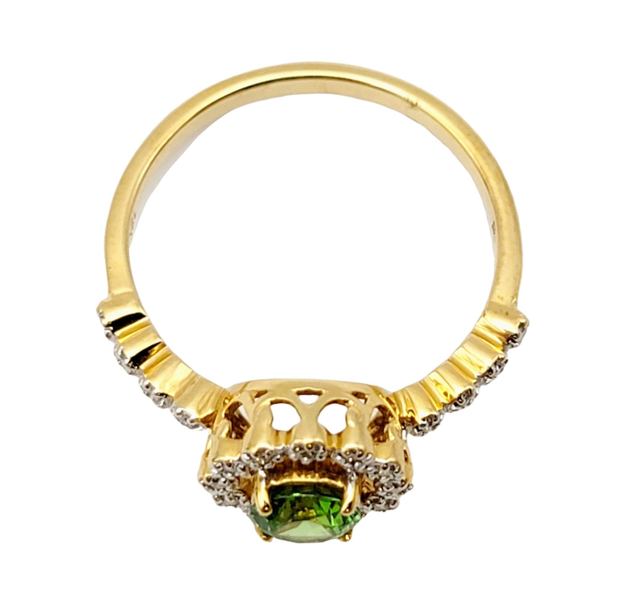 Round Cut Round Mixed Cut Green Russian Garnet and Diamond Halo Ring 18 Karat Yellow Gold For Sale