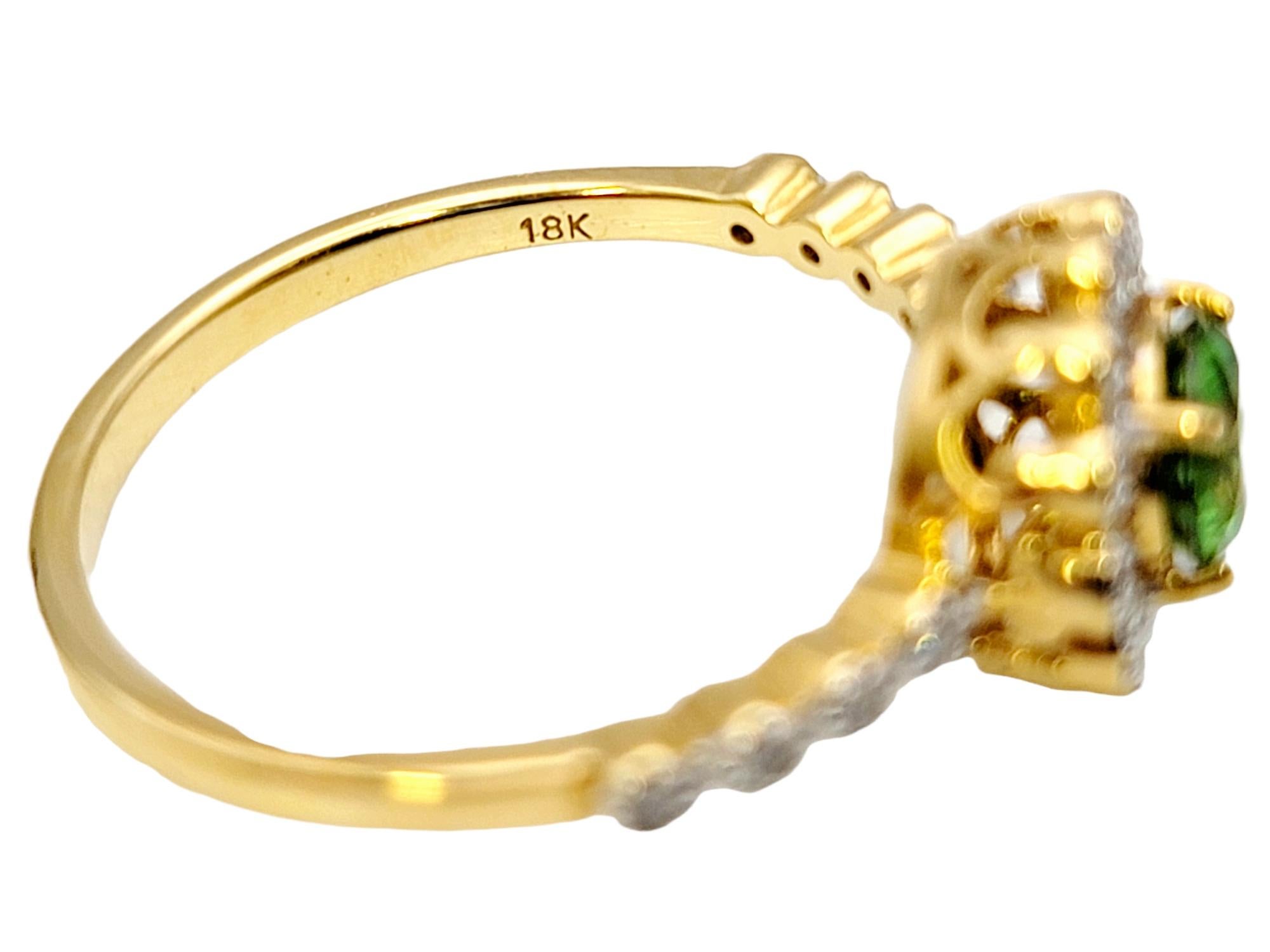 Women's Round Mixed Cut Green Russian Garnet and Diamond Halo Ring 18 Karat Yellow Gold For Sale