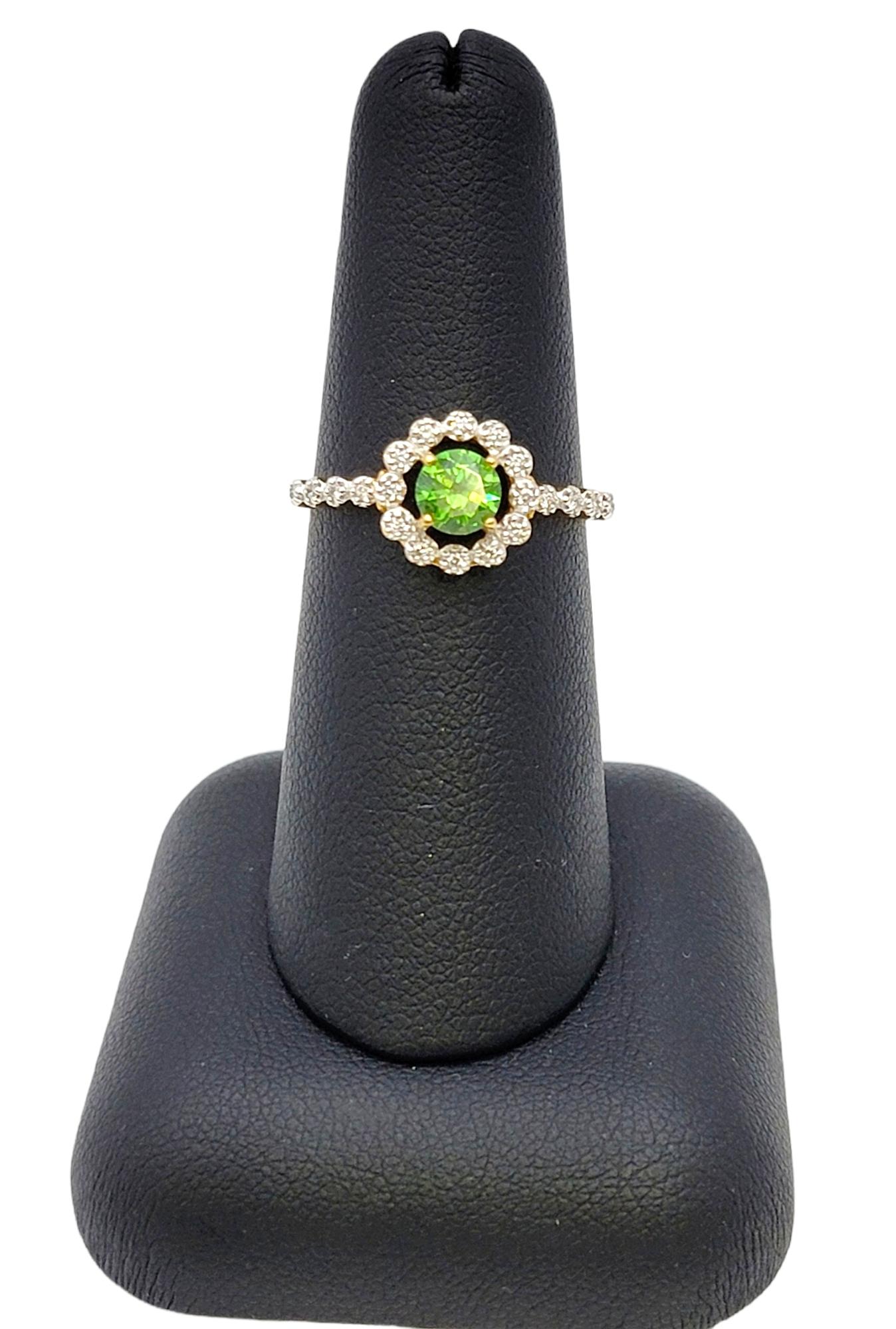 Round Mixed Cut Green Russian Garnet and Diamond Halo Ring 18 Karat Yellow Gold For Sale 1