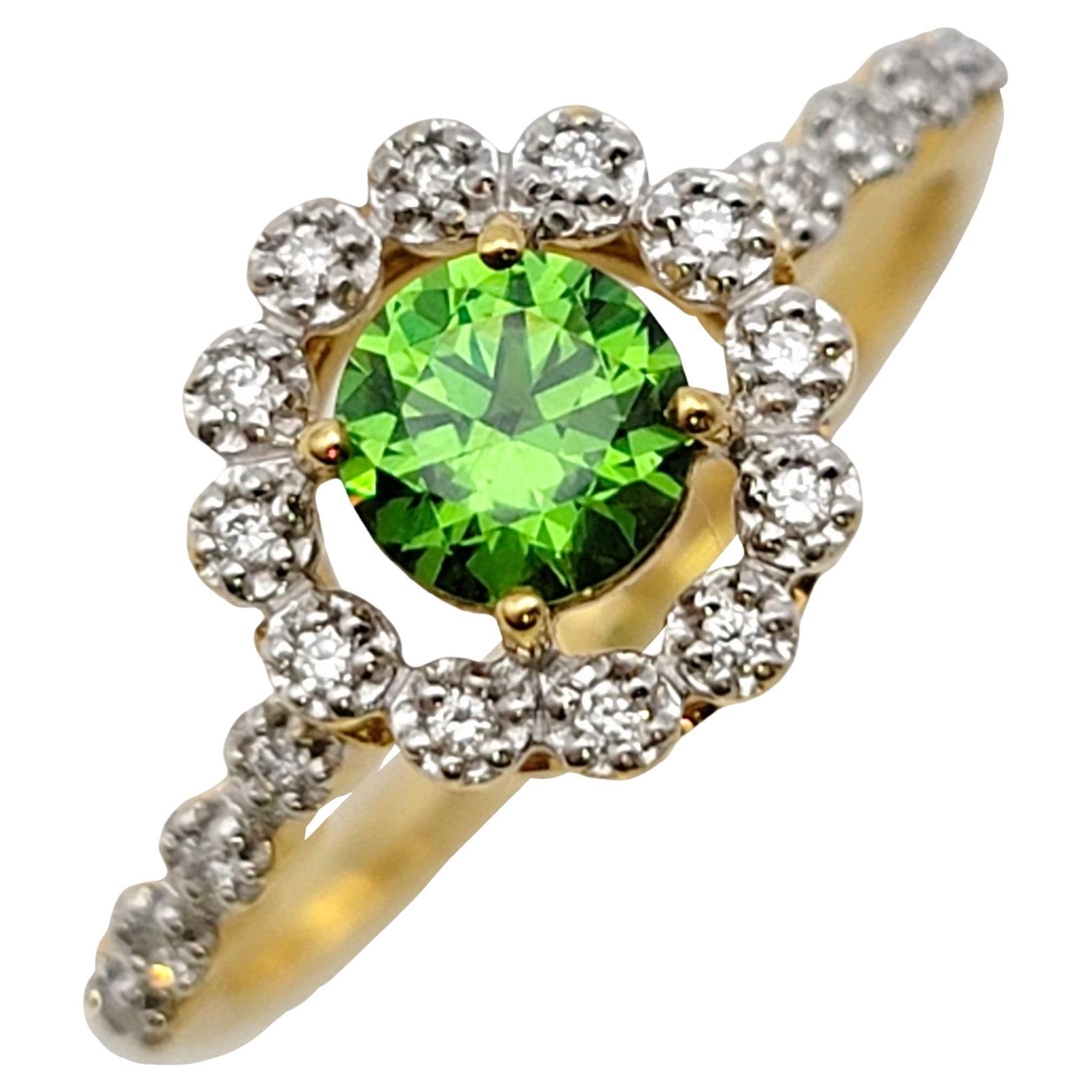 Round Mixed Cut Green Russian Garnet and Diamond Halo Ring 18 Karat Yellow Gold For Sale