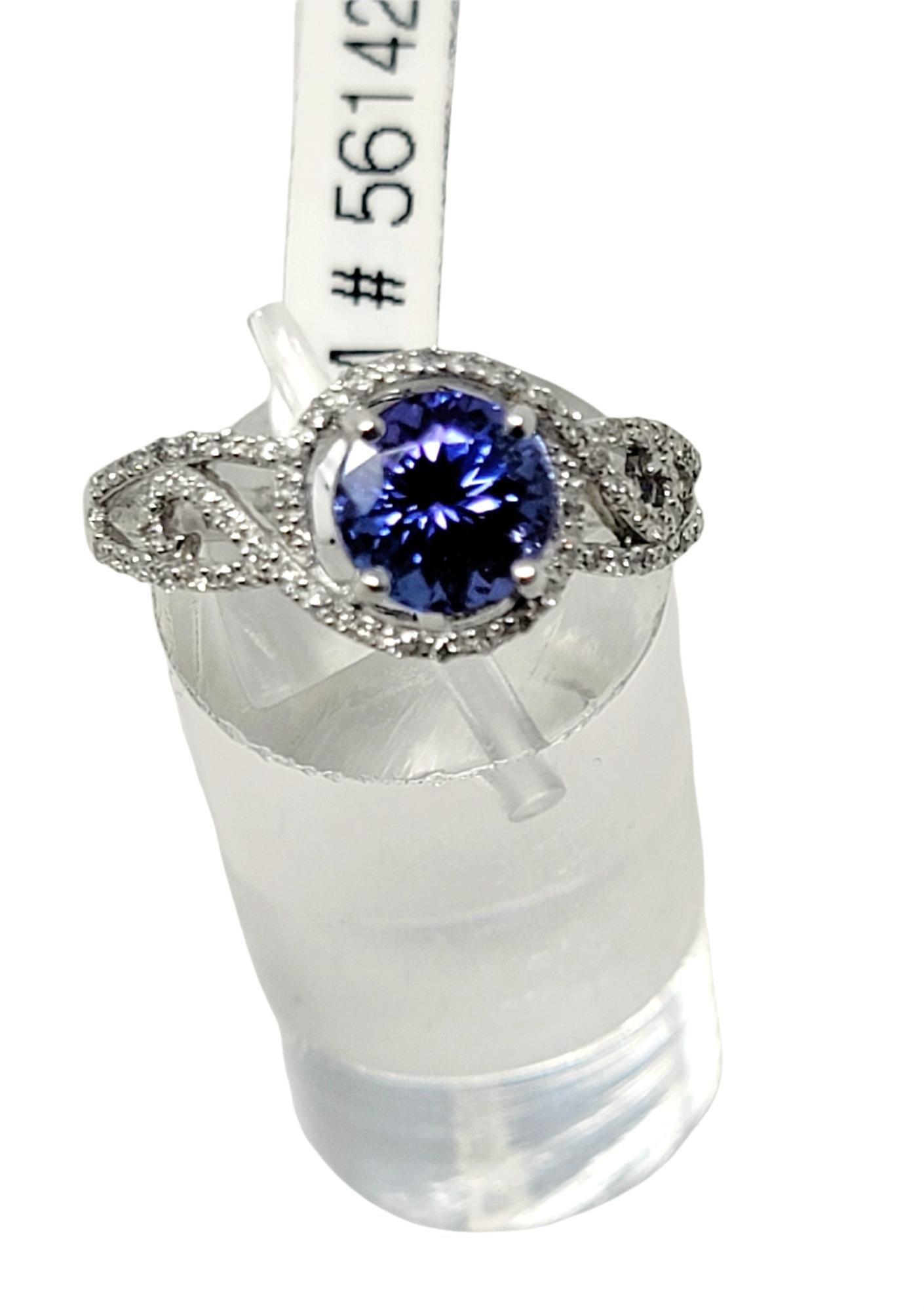 Round Mixed Cut Tanzanite and Diamond Halo Solitaire Band Ring in 18 Karat Gold For Sale 6