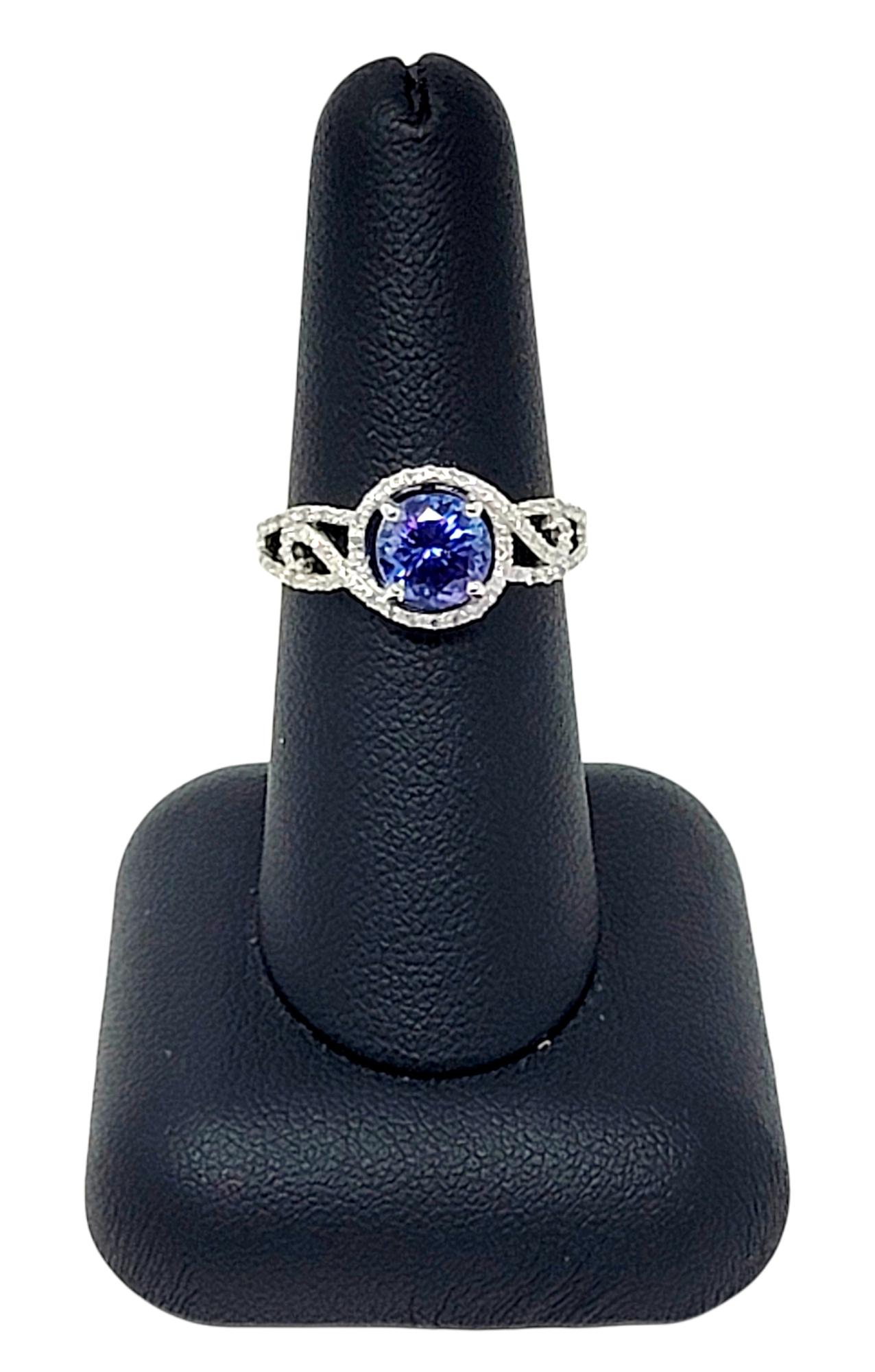 Round Mixed Cut Tanzanite and Diamond Halo Solitaire Band Ring in 18 Karat Gold For Sale 7