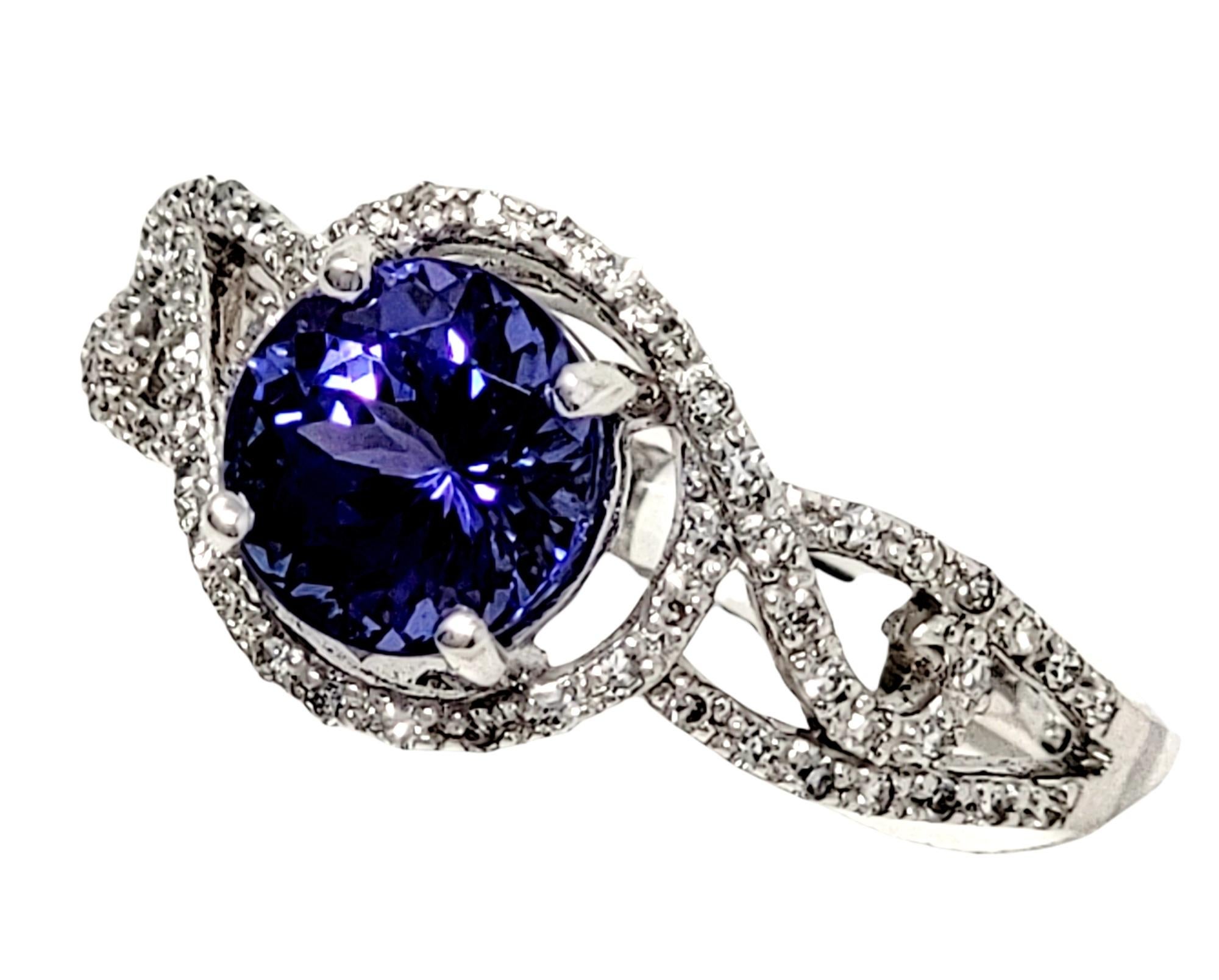 Round Cut Round Mixed Cut Tanzanite and Diamond Halo Solitaire Band Ring in 18 Karat Gold For Sale