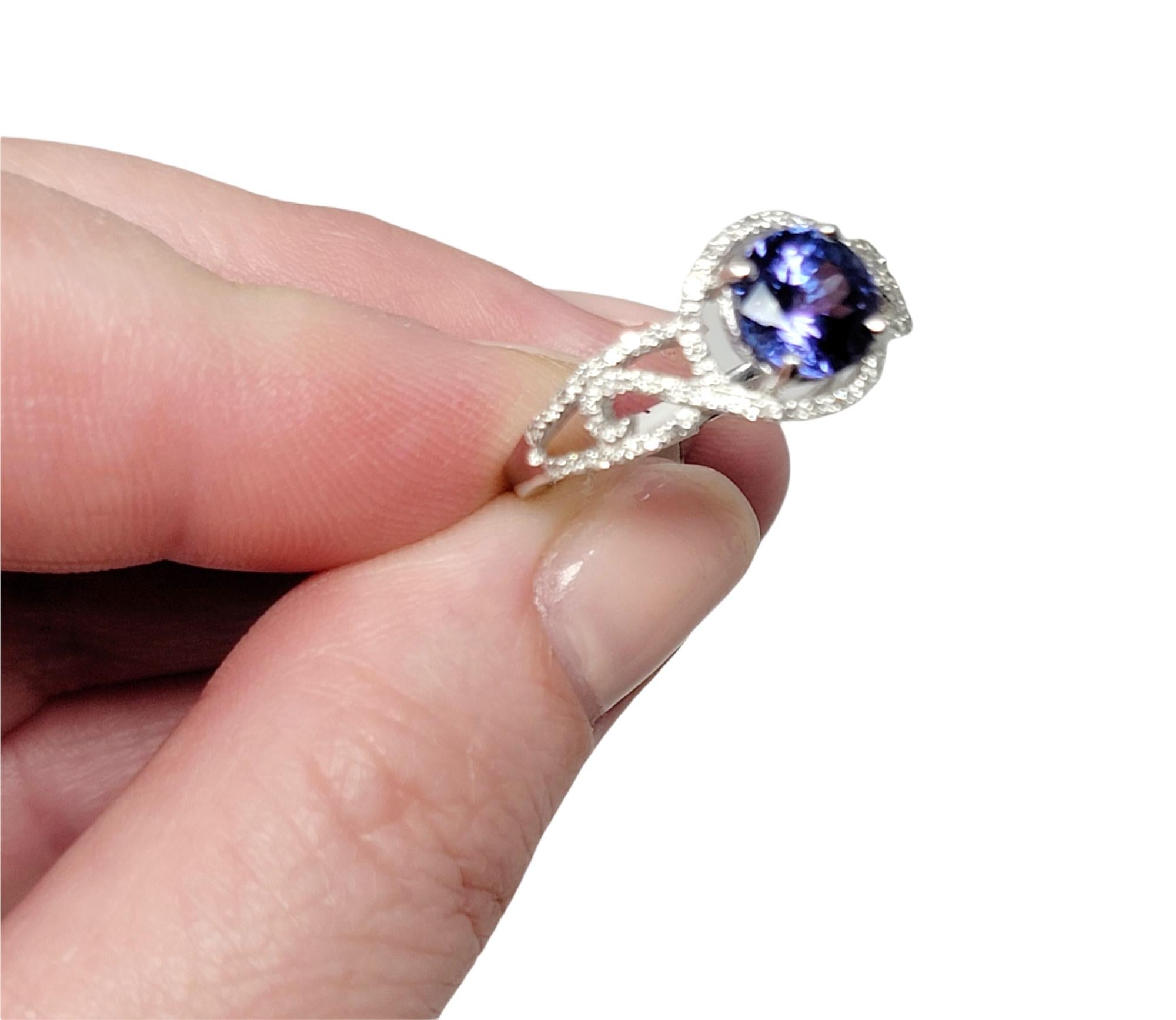 Round Mixed Cut Tanzanite and Diamond Halo Solitaire Band Ring in 18 Karat Gold For Sale 3