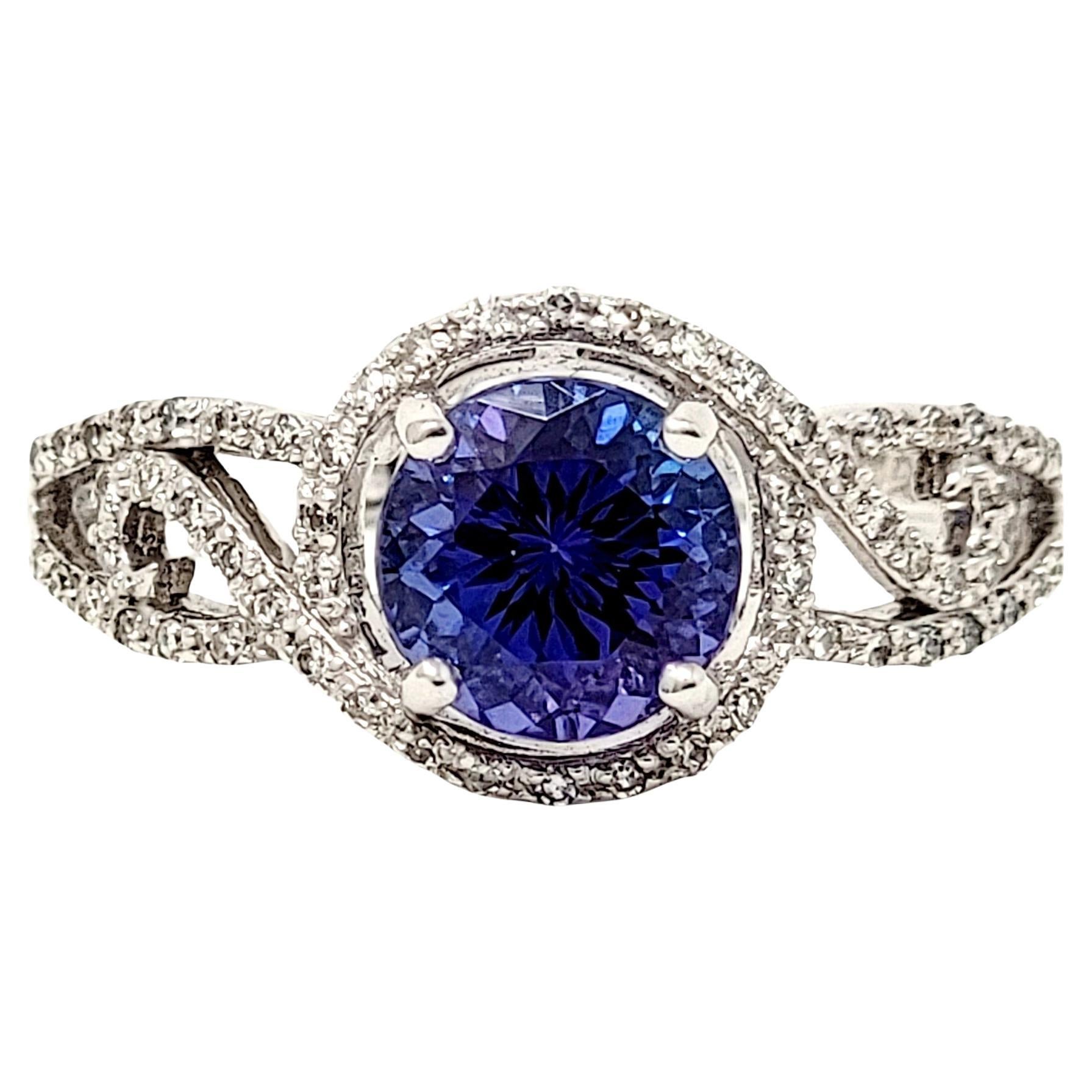 Round Mixed Cut Tanzanite and Diamond Halo Solitaire Band Ring in 18 Karat Gold For Sale
