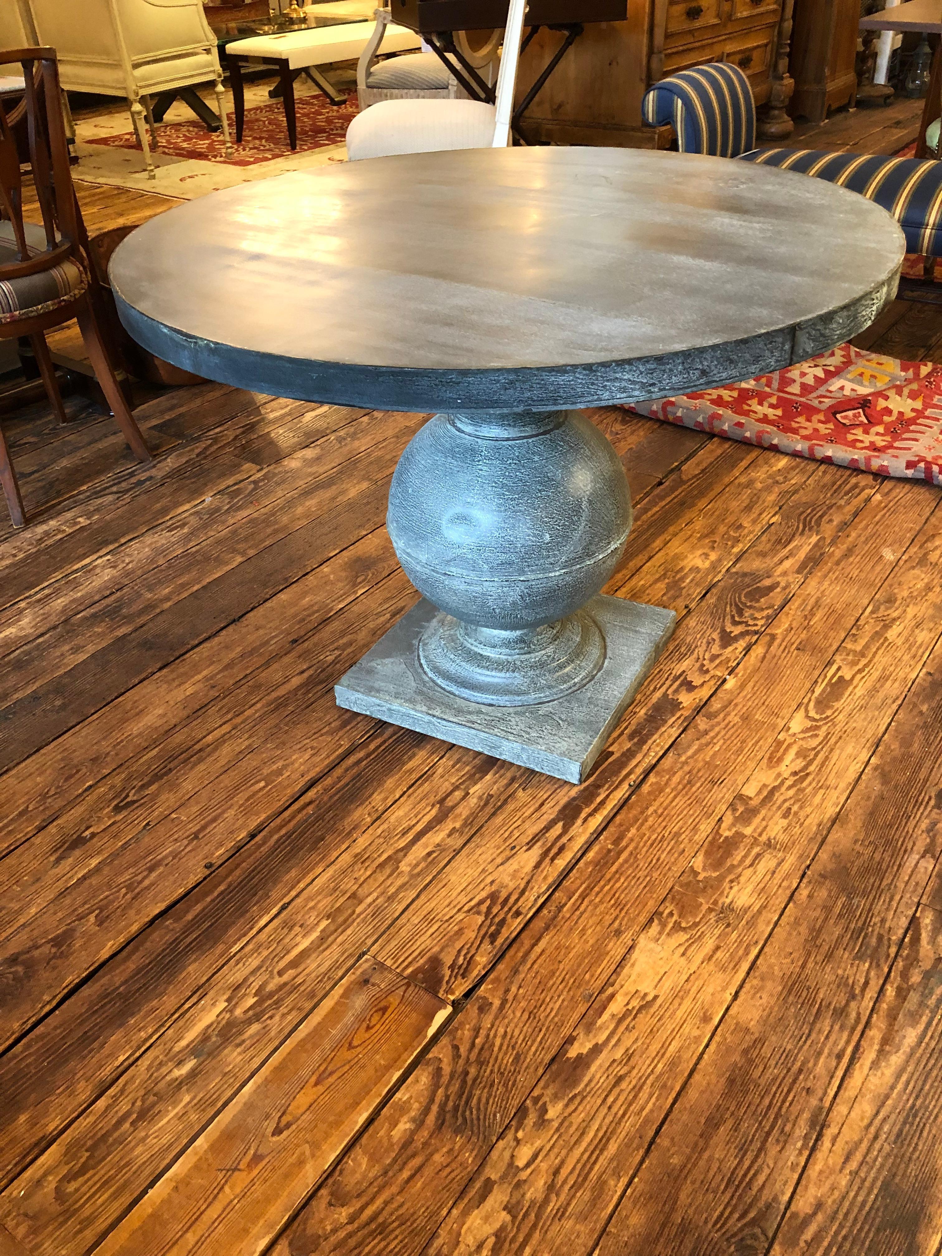 Round Modern Authentic Zinc Dining Table with Sculptural Column Base