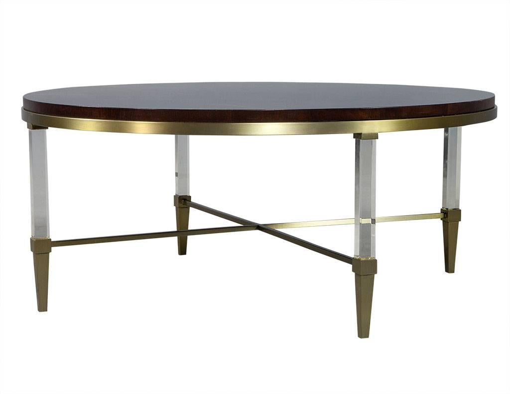 Asian Round Modern Burl Walnut Brass and Acrylic Cocktail Coffee Table