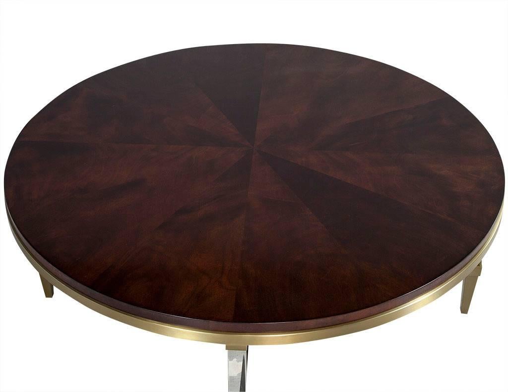 Round Modern Burl Walnut Brass and Acrylic Cocktail Coffee Table In Excellent Condition In North York, ON