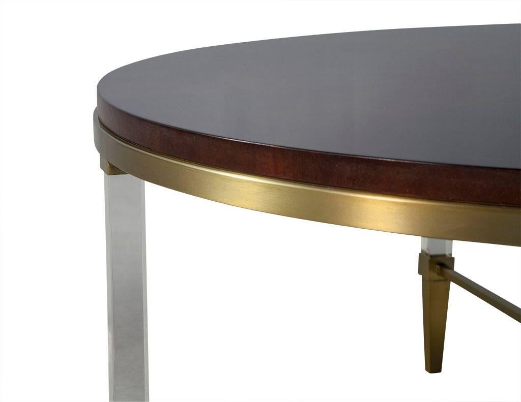Contemporary Round Modern Burl Walnut Brass and Acrylic Cocktail Coffee Table