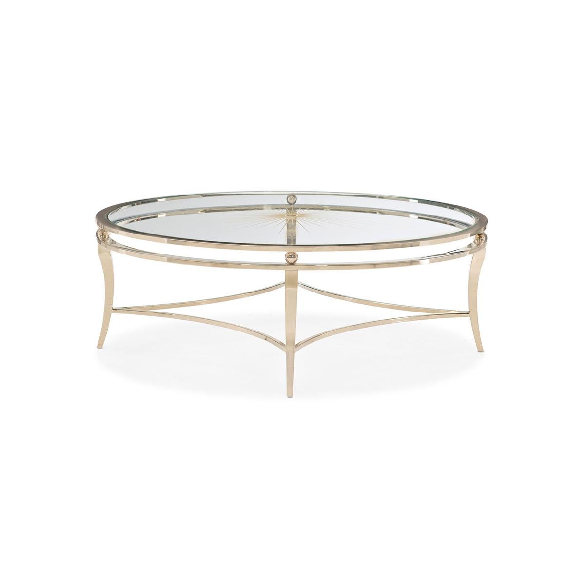 A classic design is infused with character and includes a stunning glass top silkscreened with an intricate starburst pattern in Neutral Metallic. While classic in all respects, its timeless silhouette is refreshed with a plated Whisper of Gold