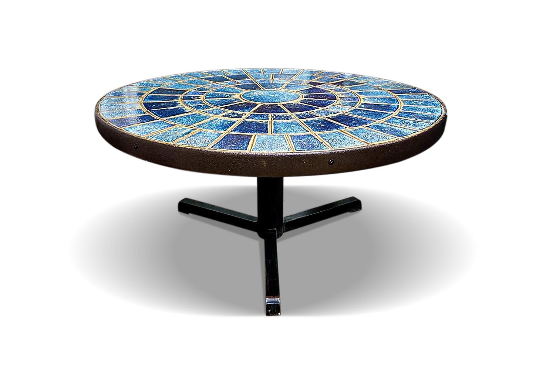 Mid-Century Modern Round Modern Coffee Table in Iron + Blue Ceramic Tile