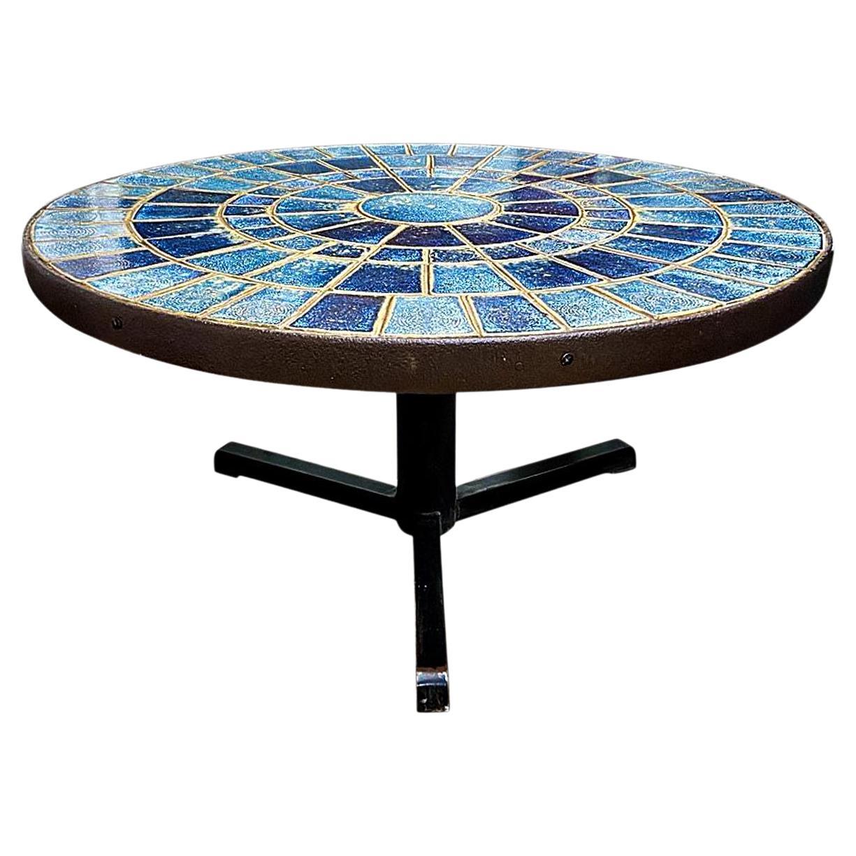 Round Modern Coffee Table in Iron + Blue Ceramic Tile