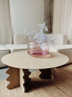Round Modern Metal Table and Orb Minimalist Blown-Glass Transparent Vase