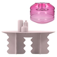 Round Modern Metal Table and Orb Minimalist Blown-Glass Transparent Vase