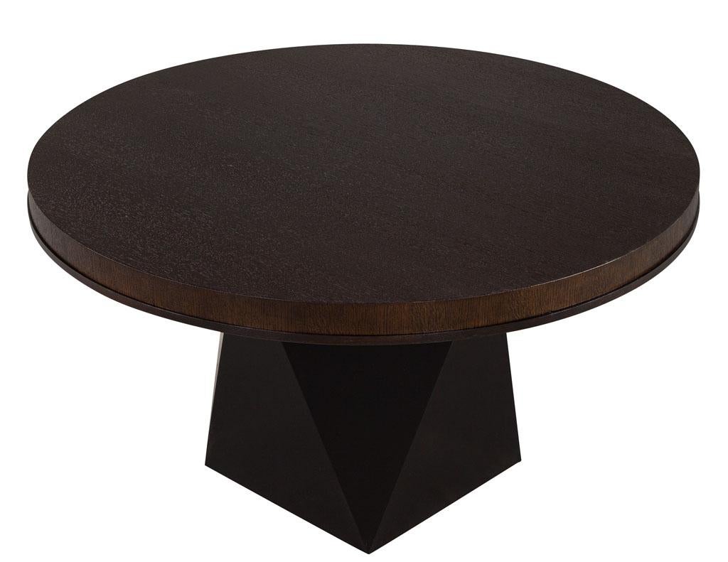 Round Modern Oak Dining Table with Black Geometric Base In New Condition In North York, ON