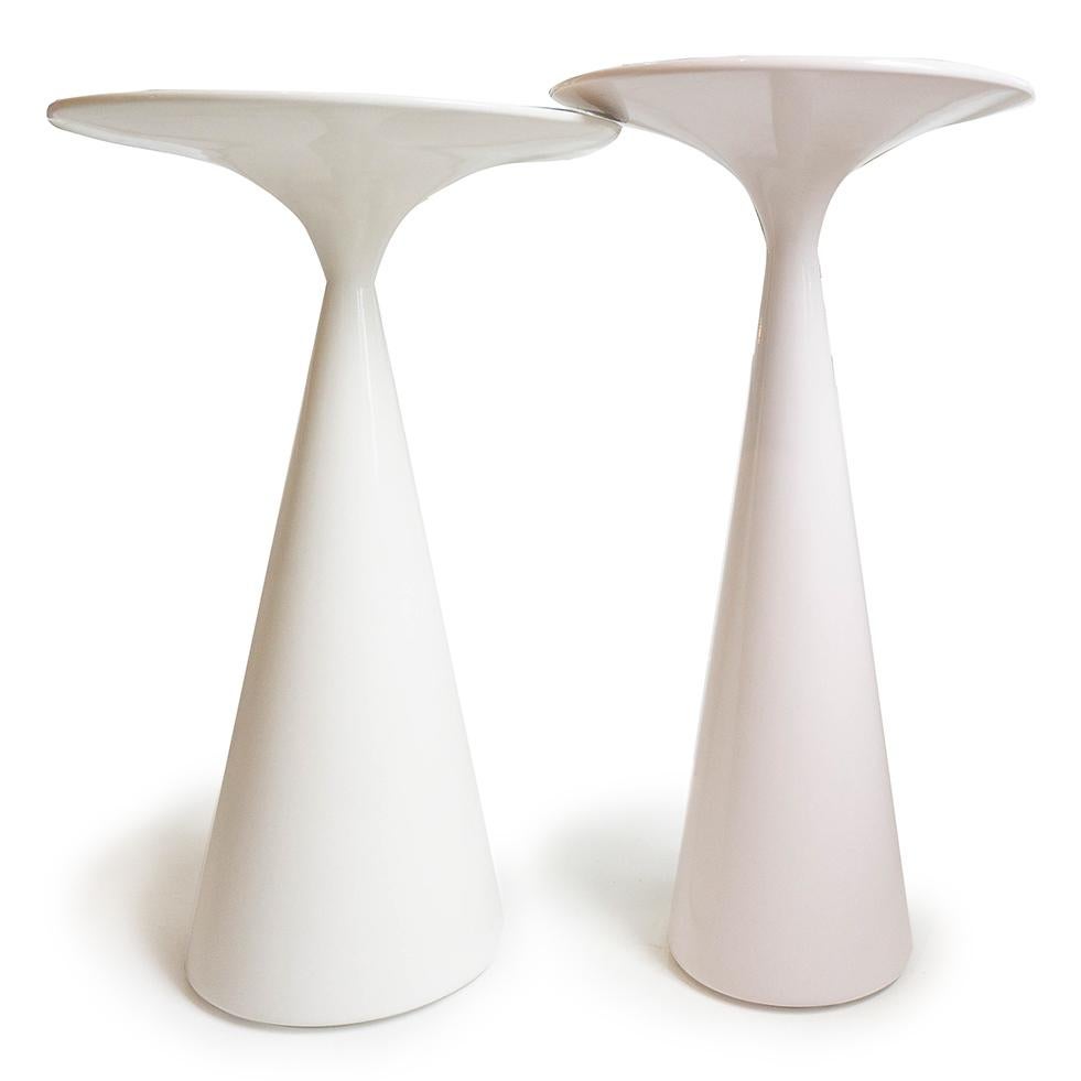 Our stiletto cocktail side tables are lacquered in white and pastel pink. Together or apart they add function and beauty to a space. Lacquered, built and designed by us in Norwalk, Connecticut.

Measurements:
White: 15”Dia. x 23”H
Pale Pink: