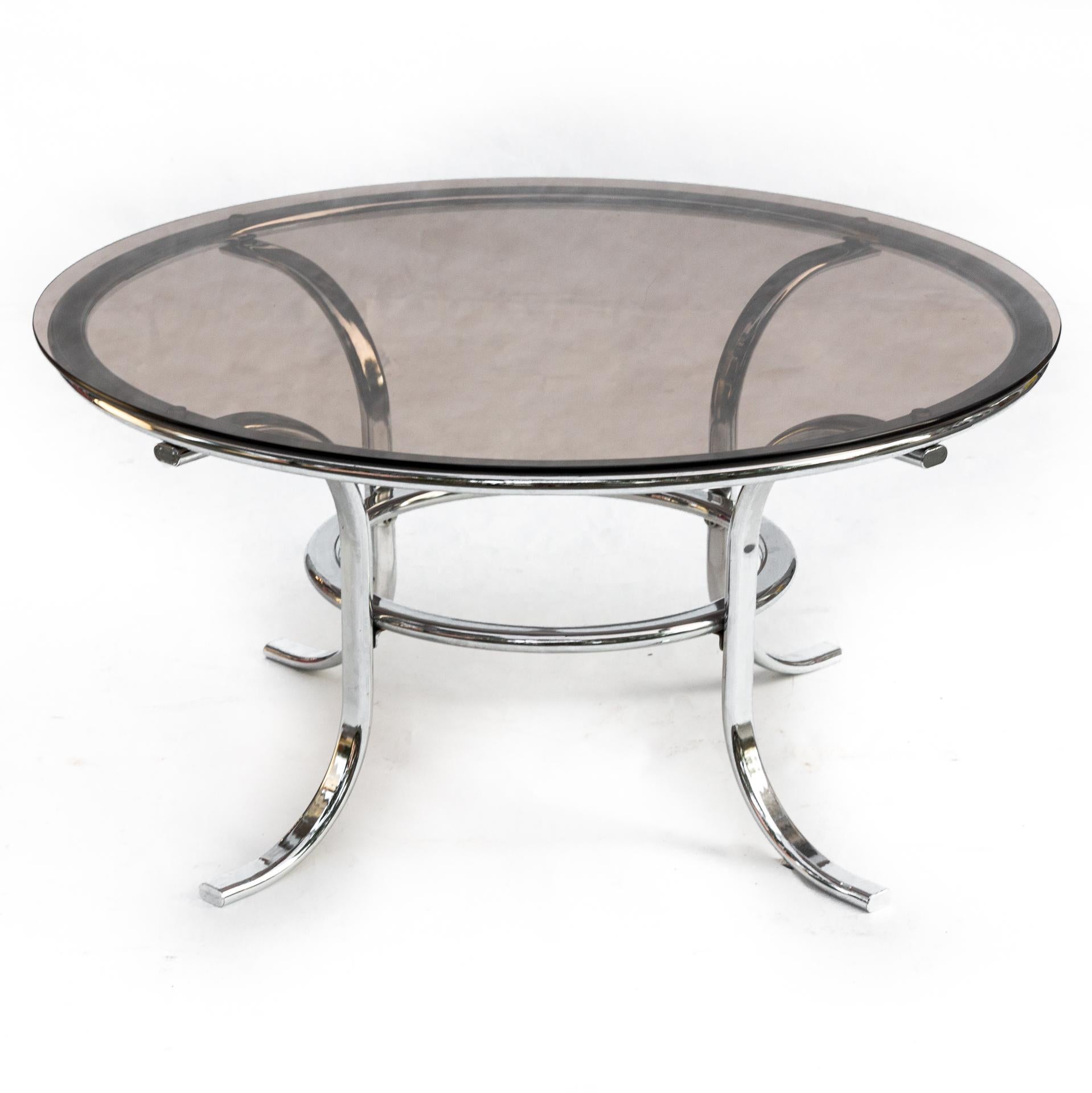 European Round Modern Smoked Glass and Chrome Coffee Table, 1970s For Sale