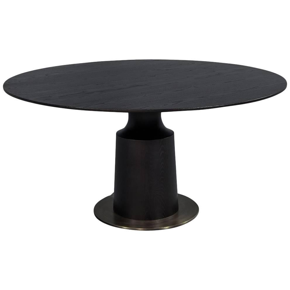 Round Modern Solid Oak Dining Table with Brass Accents For Sale