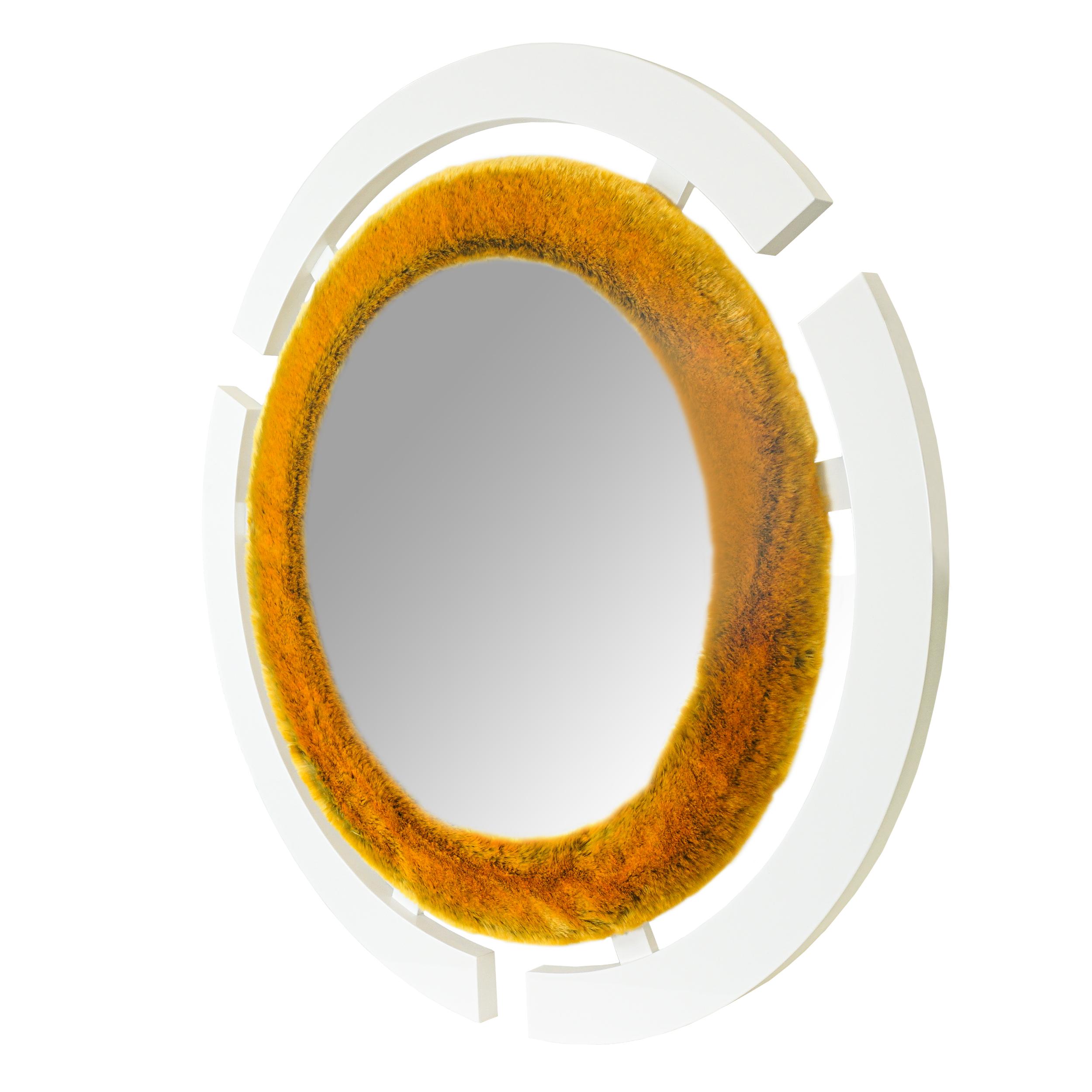 Round Modern Wall Mirror with Faux Rabbit Fur Trim In New Condition For Sale In Greenwich, CT