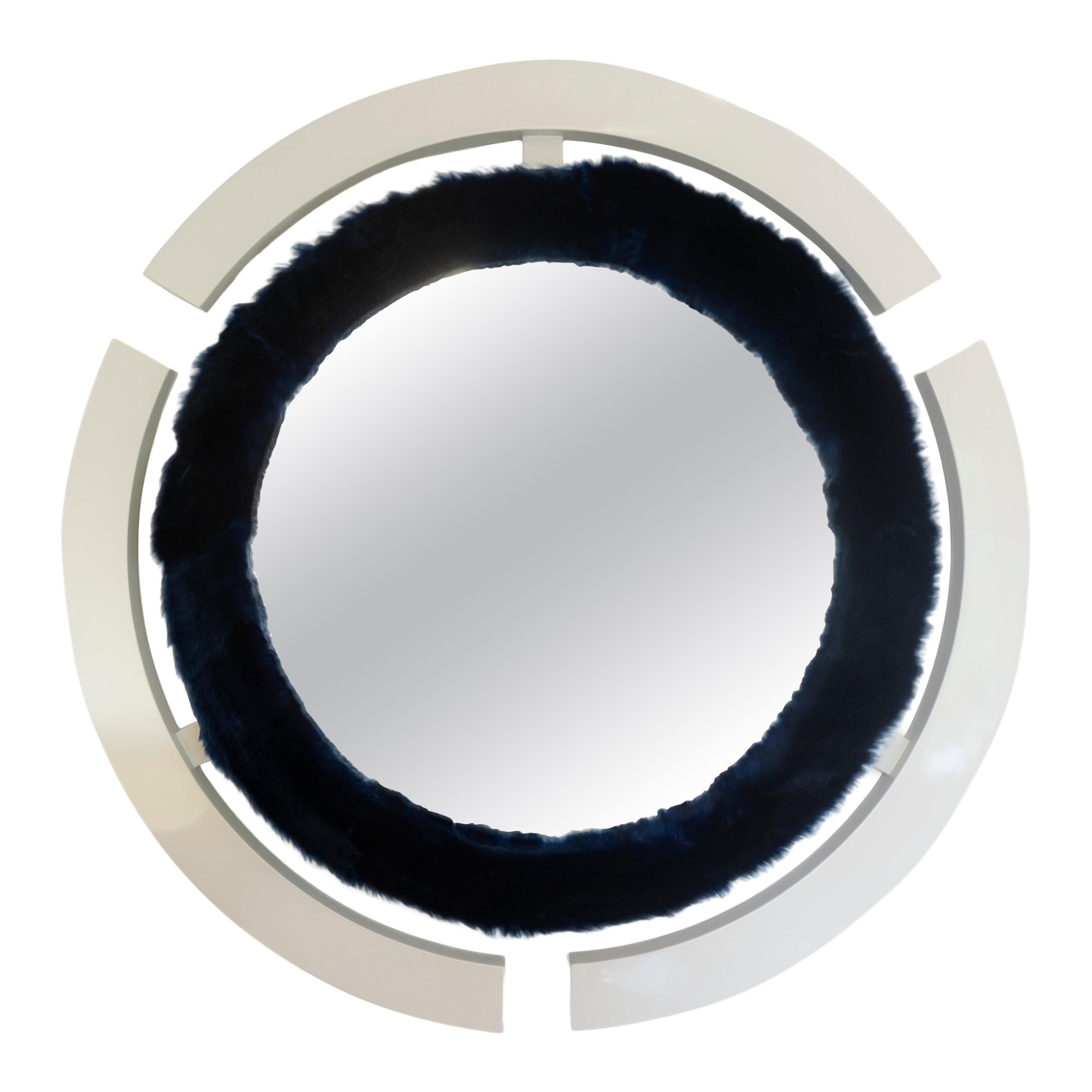 Round Modern Wall Mirror with Fur Trim For Sale
