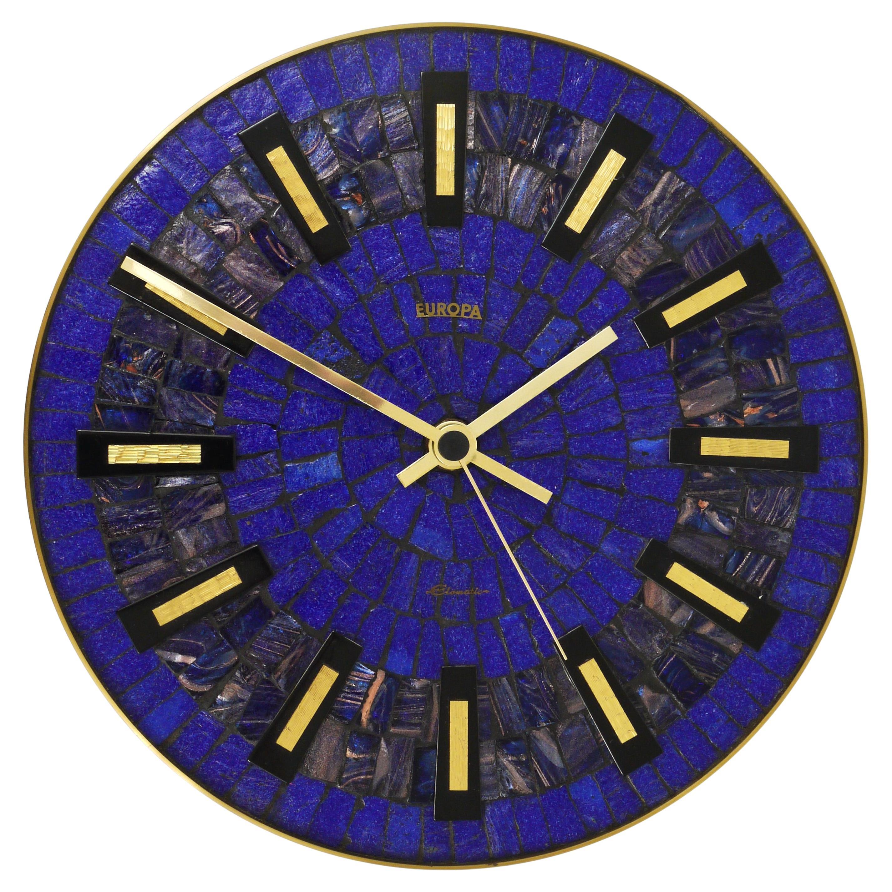 Round Modernist Blue Mosaic Wall Clock "Europa, " Germany, 1950s
