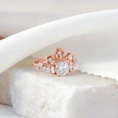 Round Moissanite and Baguette Diamonds Cluster Dainty Engagement Ring, Alana