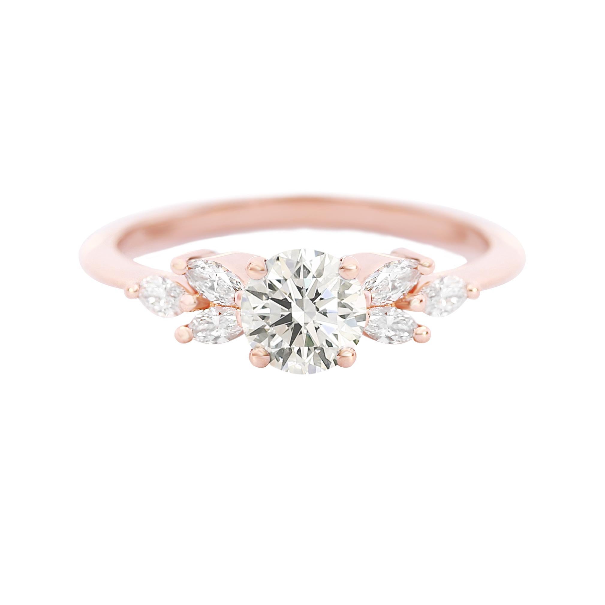 For Sale:  Round Moissanite and Marquise Diamond 14K Solid Gold Modern Ring Penelope 2