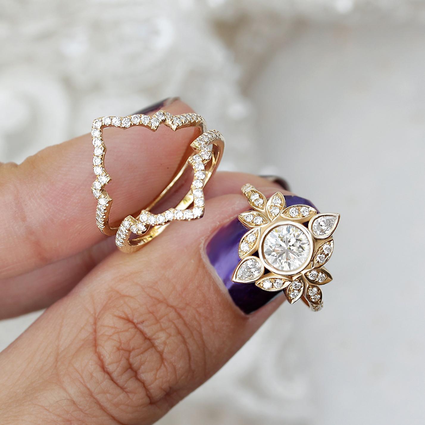 Art Deco Round Moissanite Bezel Set Unique Flower Engagement Ring 