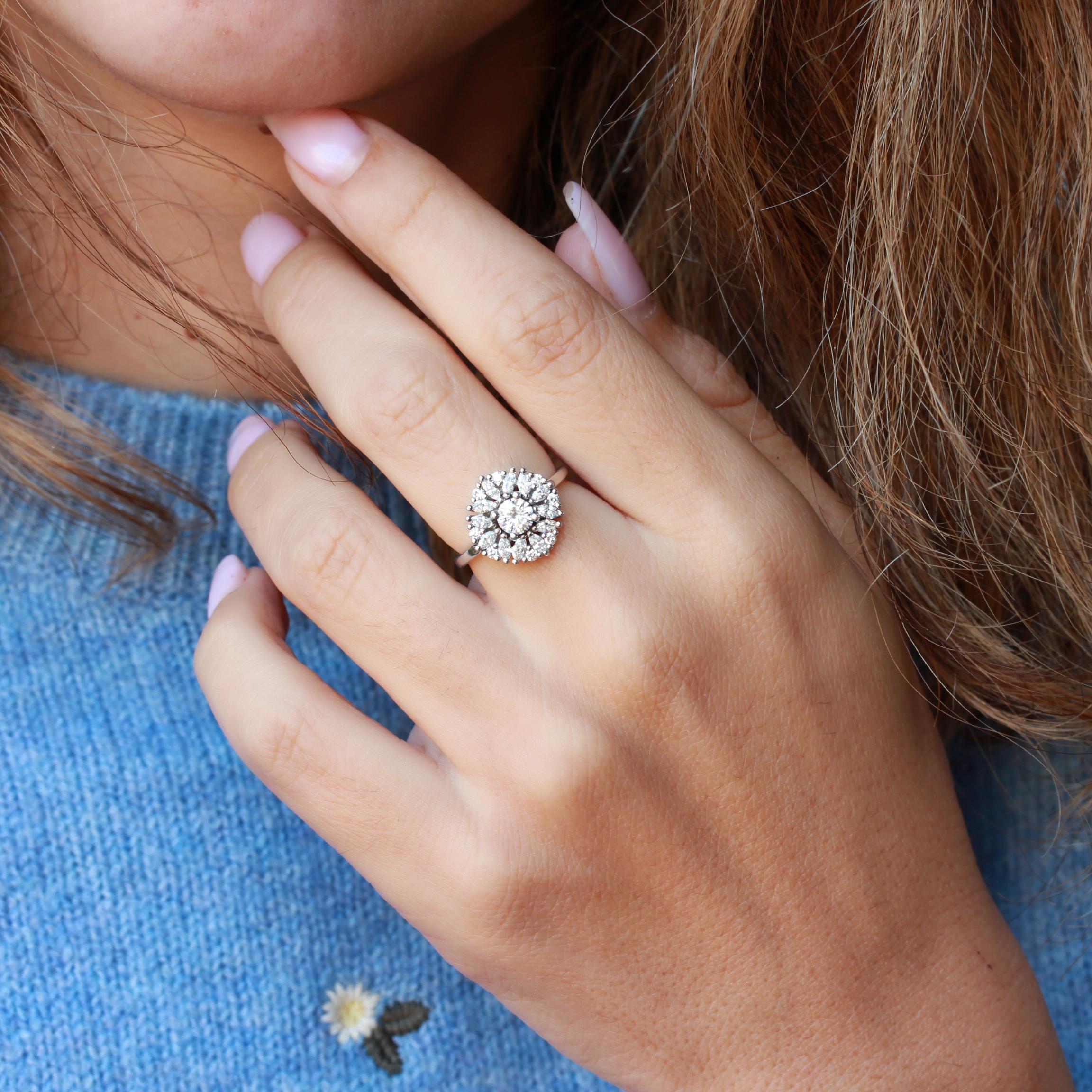 Women's Round Moissanite Cluster Delicate Art Deco Unique Engagement Ring - 