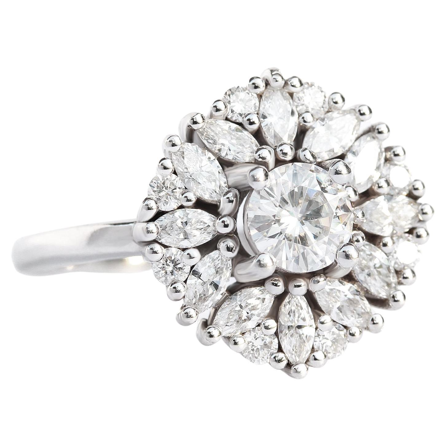 Round Moissanite Cluster Delicate Art Deco Unique Engagement Ring - "Harper" For Sale