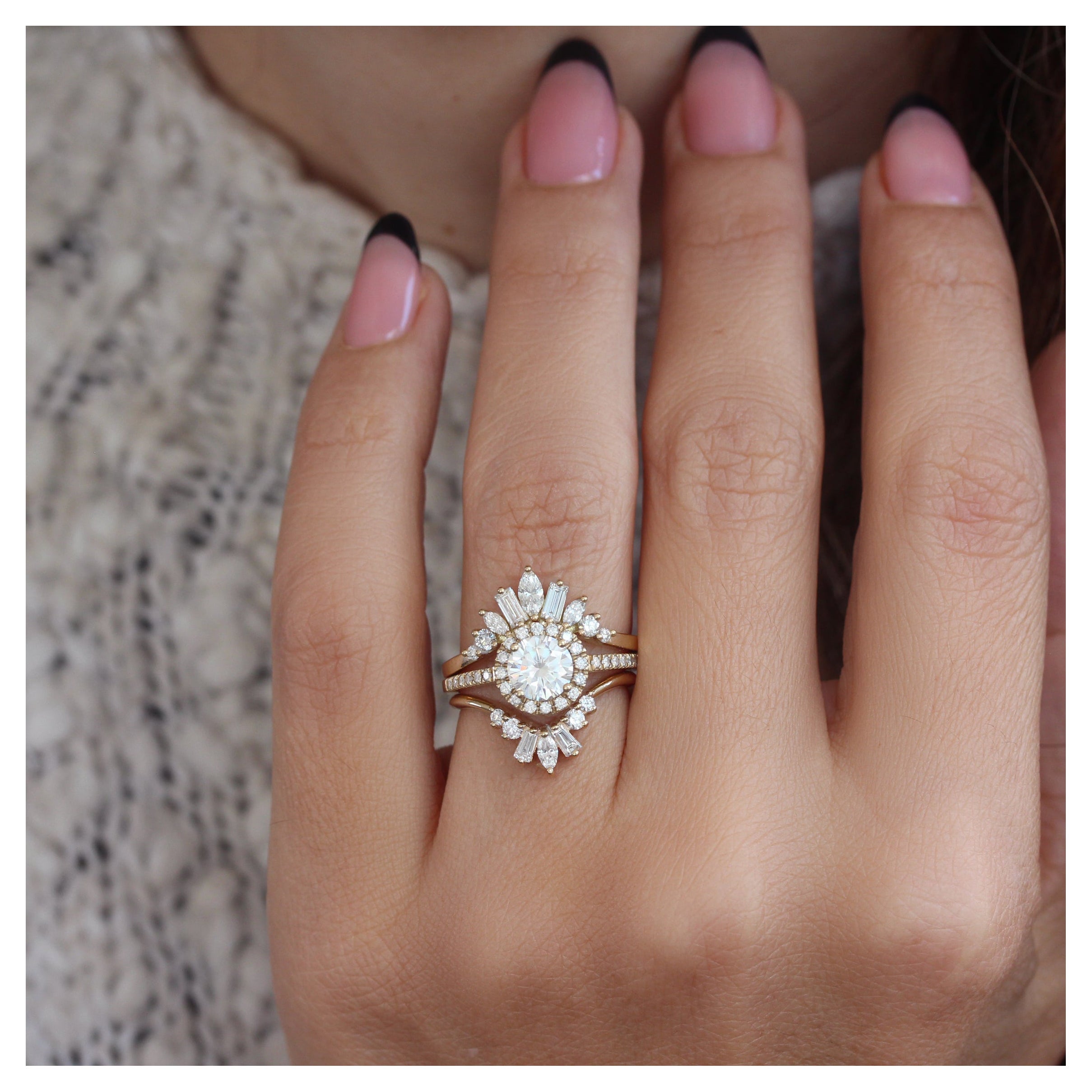 Round Moissanite Halo Engagement Ring With Two Sidebands - Lady, Ally V & Billy For Sale