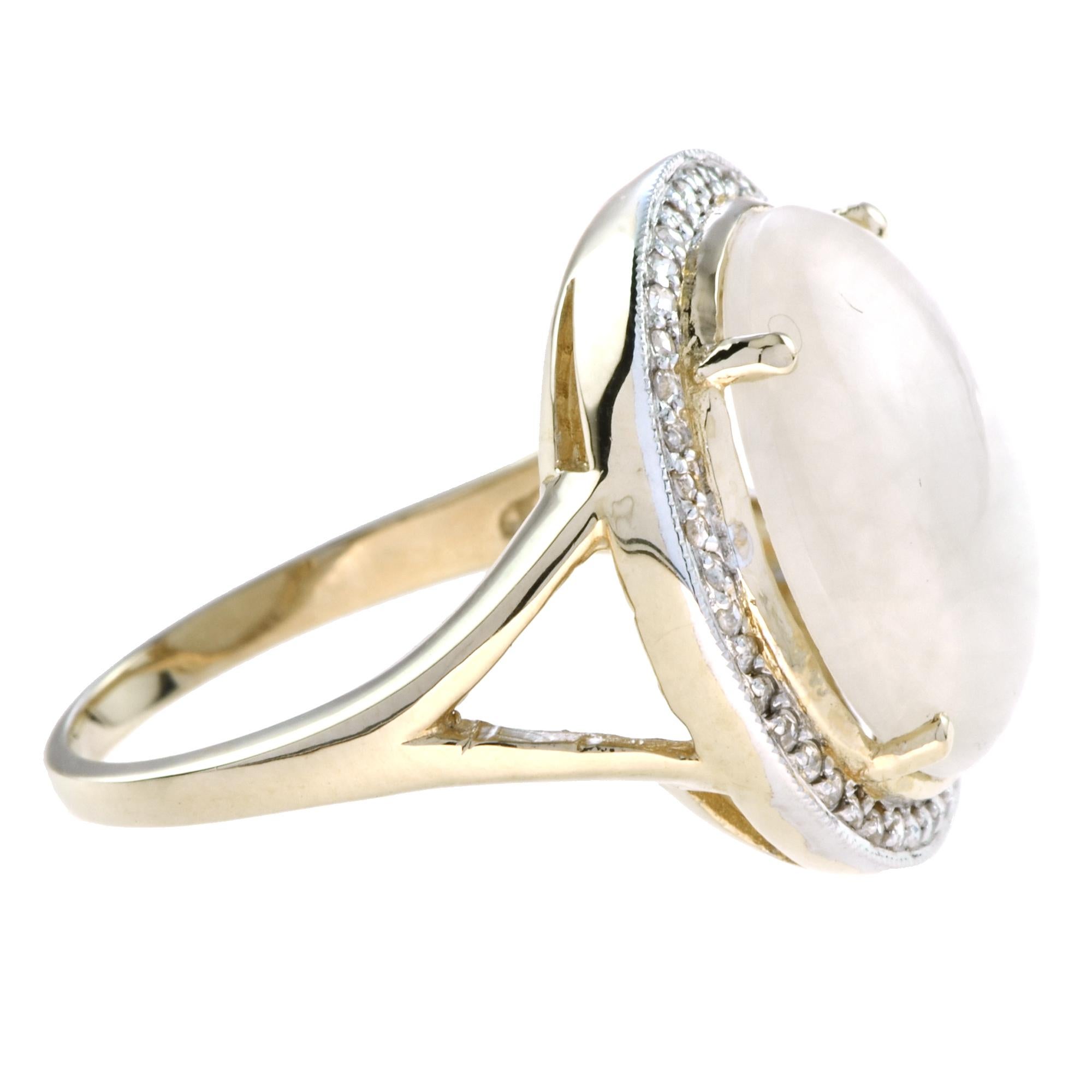 Round Moonstone with Diamond Halo Split Shank Cocktail Ring in 9K Yellow Gold For Sale 1