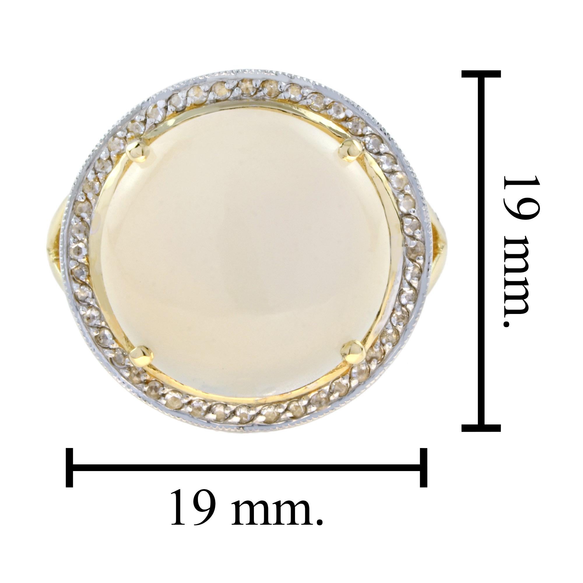 Round Moonstone with Diamond Halo Split Shank Cocktail Ring in 9K Yellow Gold For Sale 4