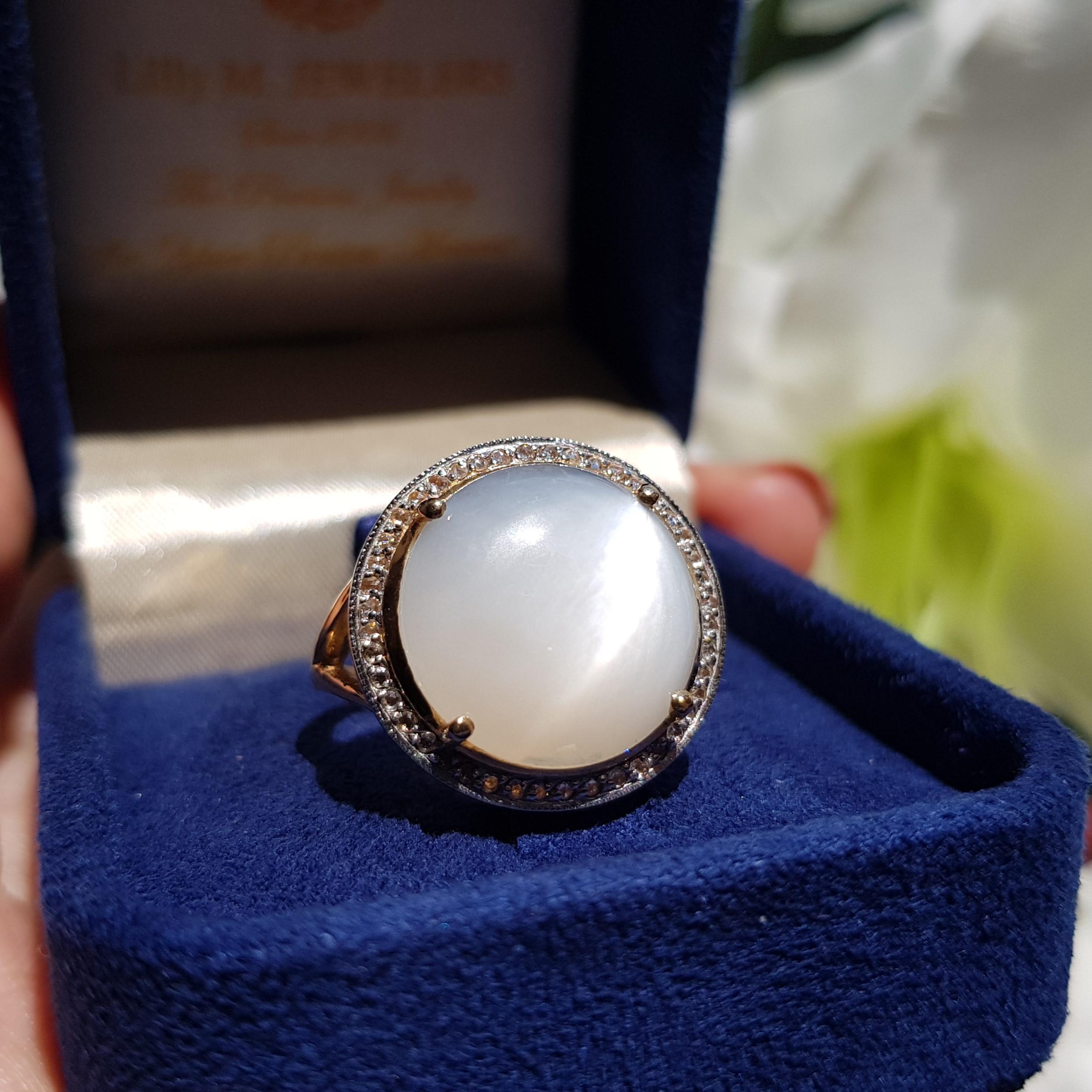 Round Cut Round Moonstone with Diamond Halo Split Shank Cocktail Ring in 9K Yellow Gold For Sale