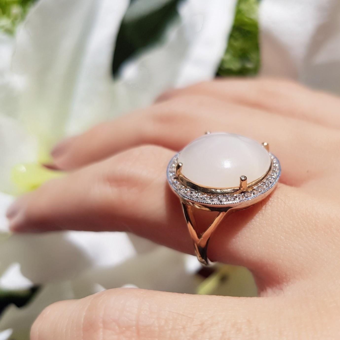 Women's Round Moonstone with Diamond Halo Split Shank Cocktail Ring in 9K Yellow Gold For Sale