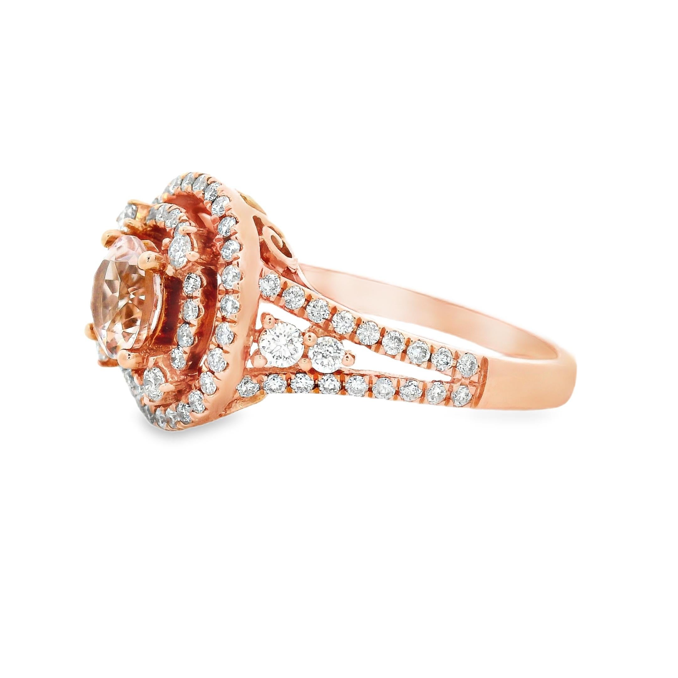 Anillo Halo de Morganita Redonda y Diamantes en Oro Rosa de 14K Talla 7 Contemporáneo en venta