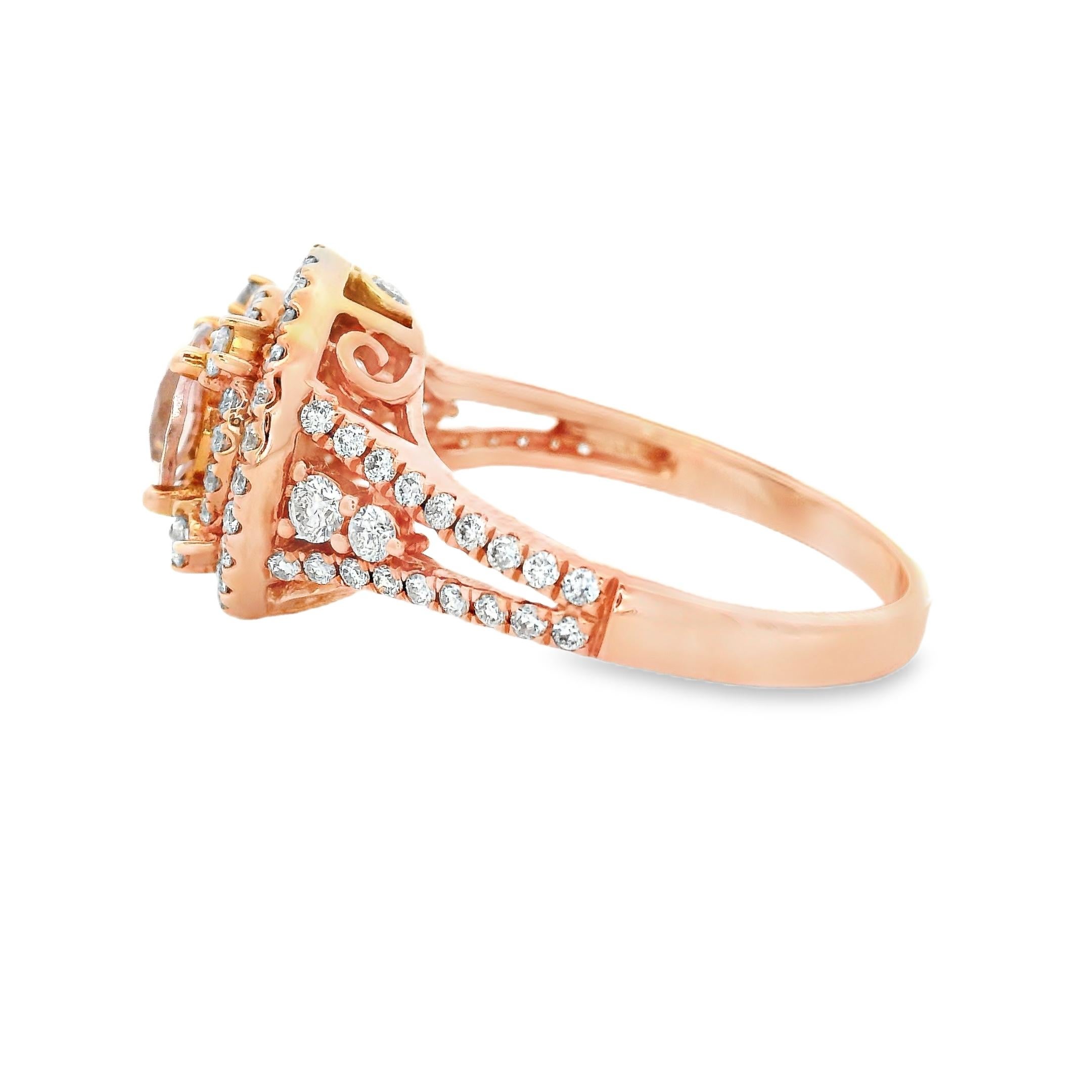 Anillo Halo de Morganita Redonda y Diamantes en Oro Rosa de 14K Talla 7 Corte redondo en venta