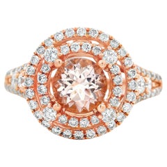Round Morganite and Diamond Halo Ring in 14K Rose Gold Size 7