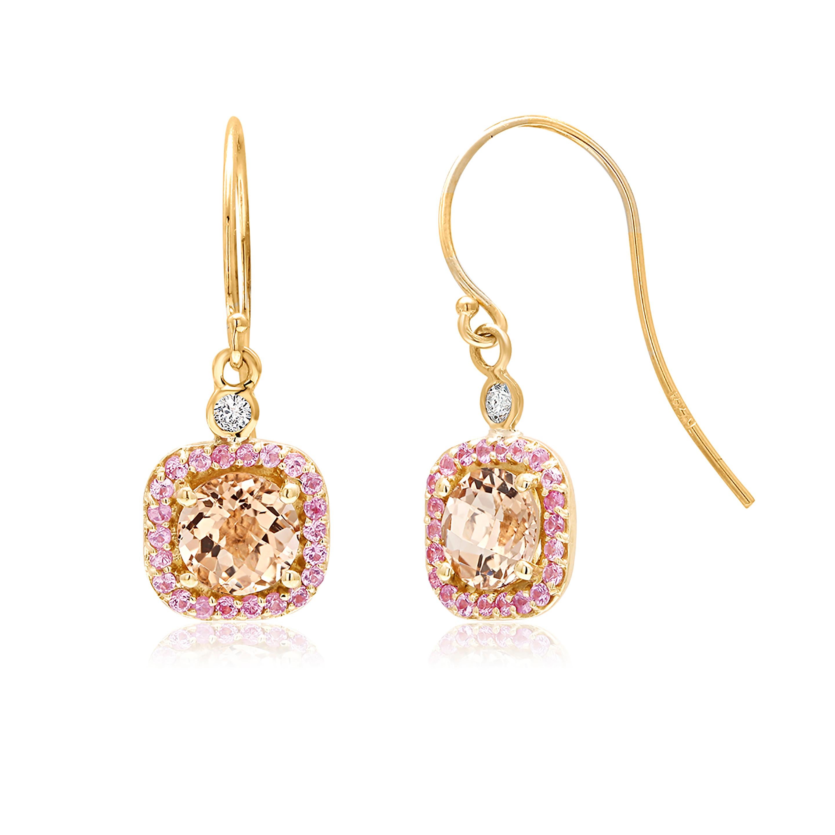 Round Cut Round Morganite and Diamond Yellow Gold Drop Hoop Earrings