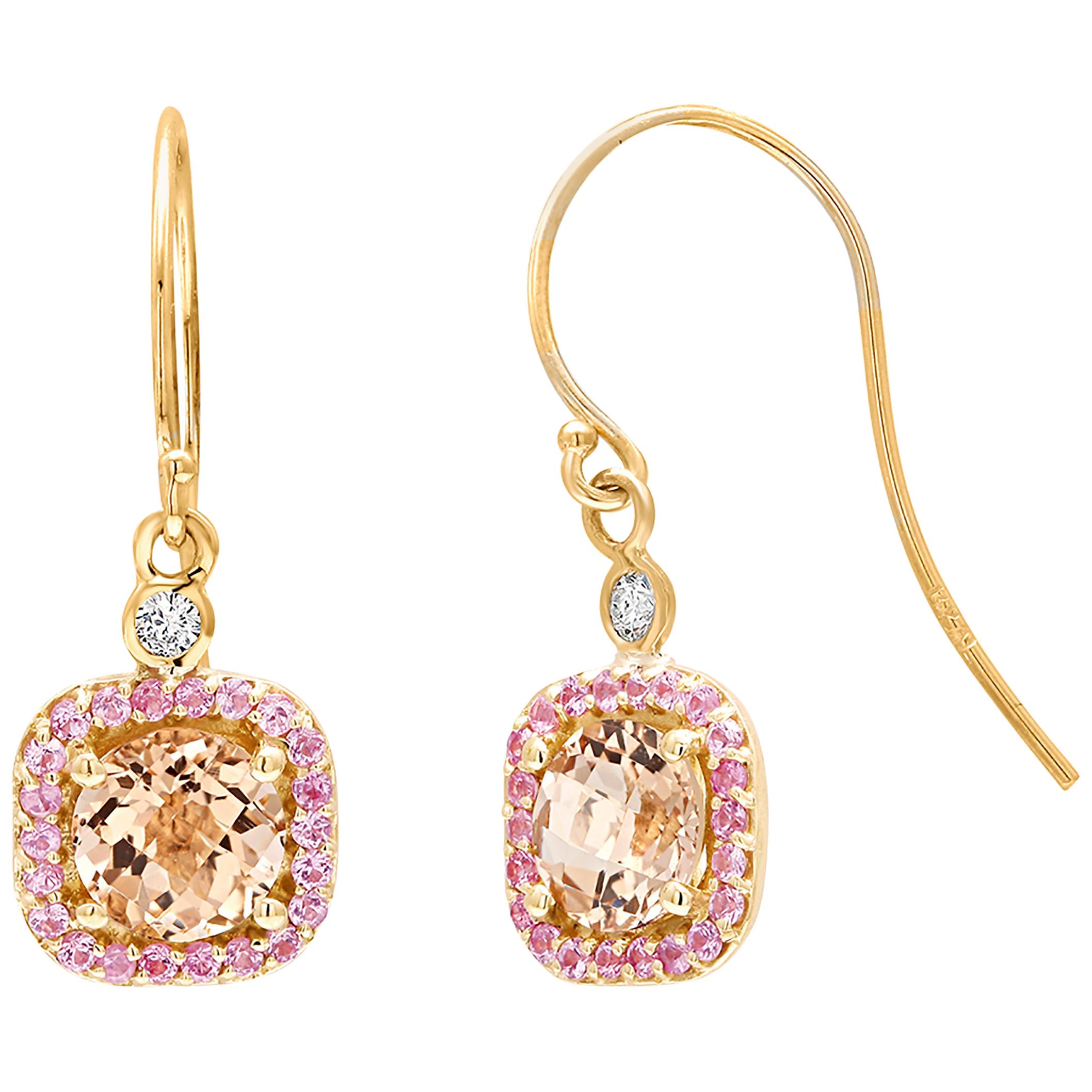 Round Morganite and Diamond Yellow Gold Drop Hoop Earrings