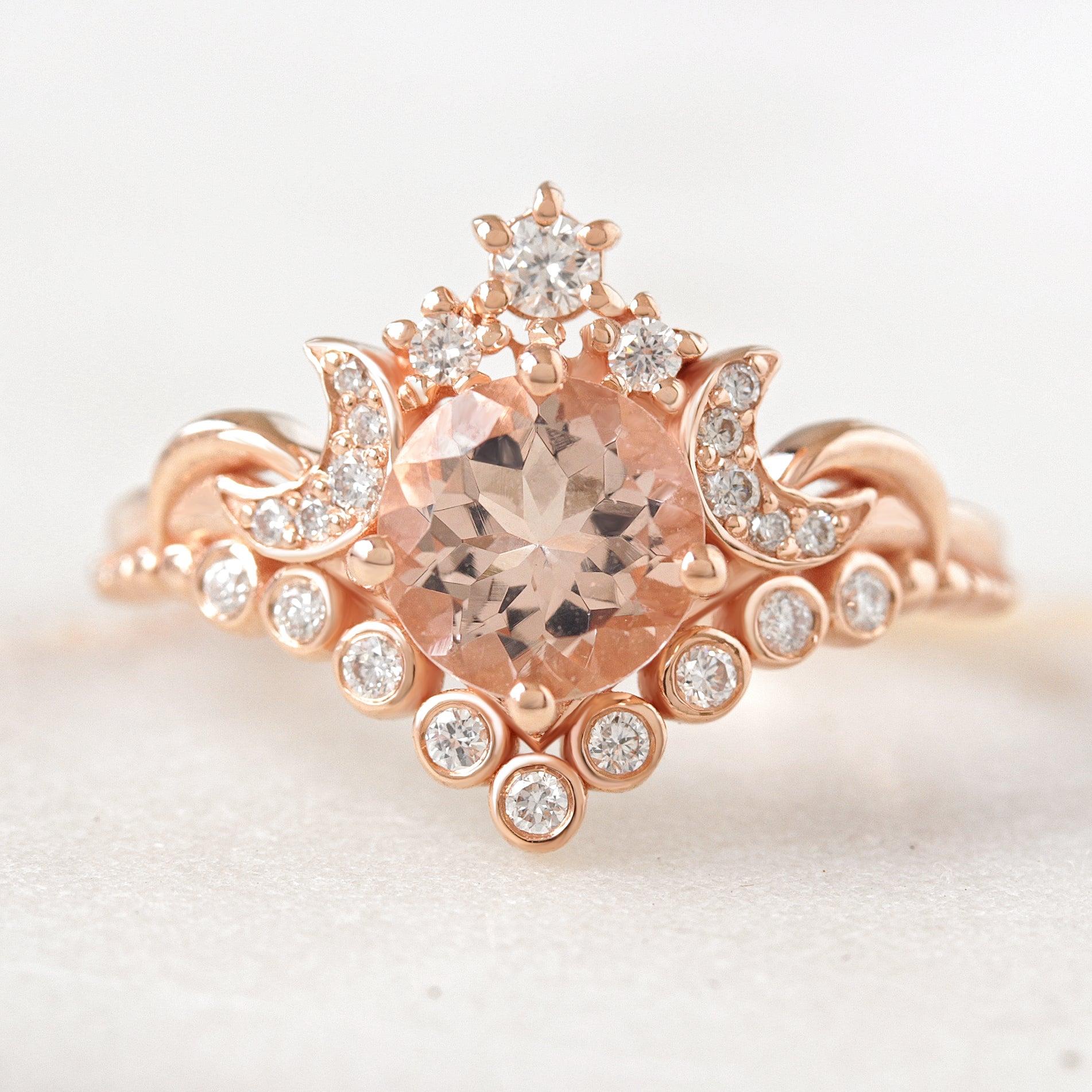 Round Morganite Moons and Stars Engagement Ring 