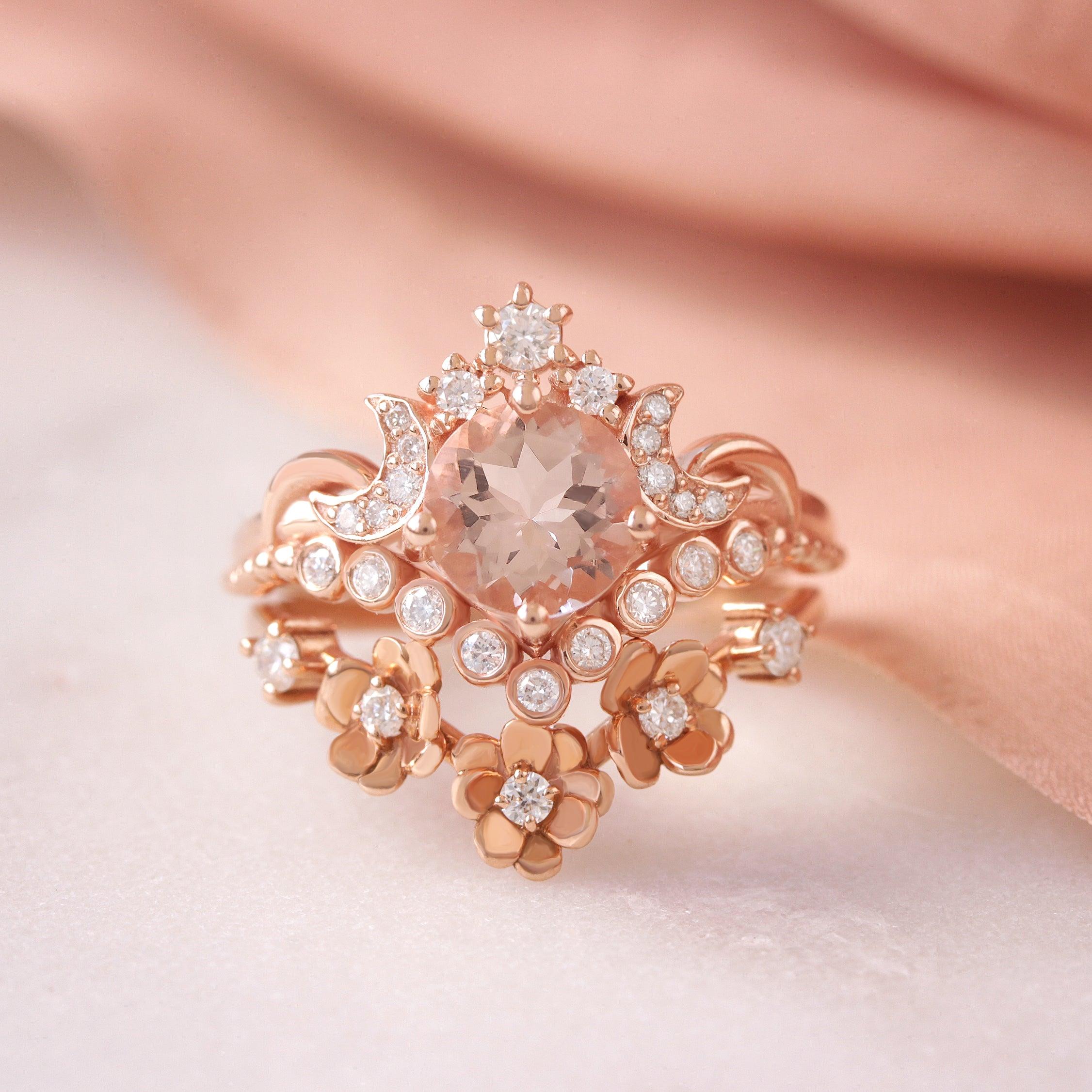 Contemporary Round Morganite Moons and Stars Celestial Unique Engagement Ring, 